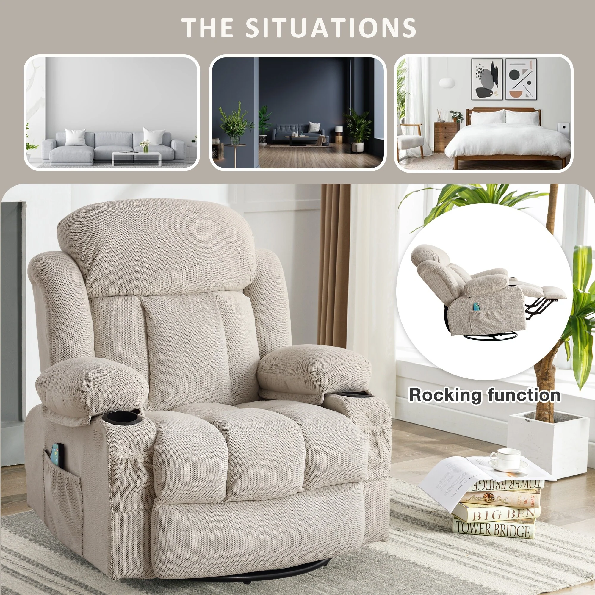 Swivel Recliner Chair with 8?Point Heated Massage & USB Remote