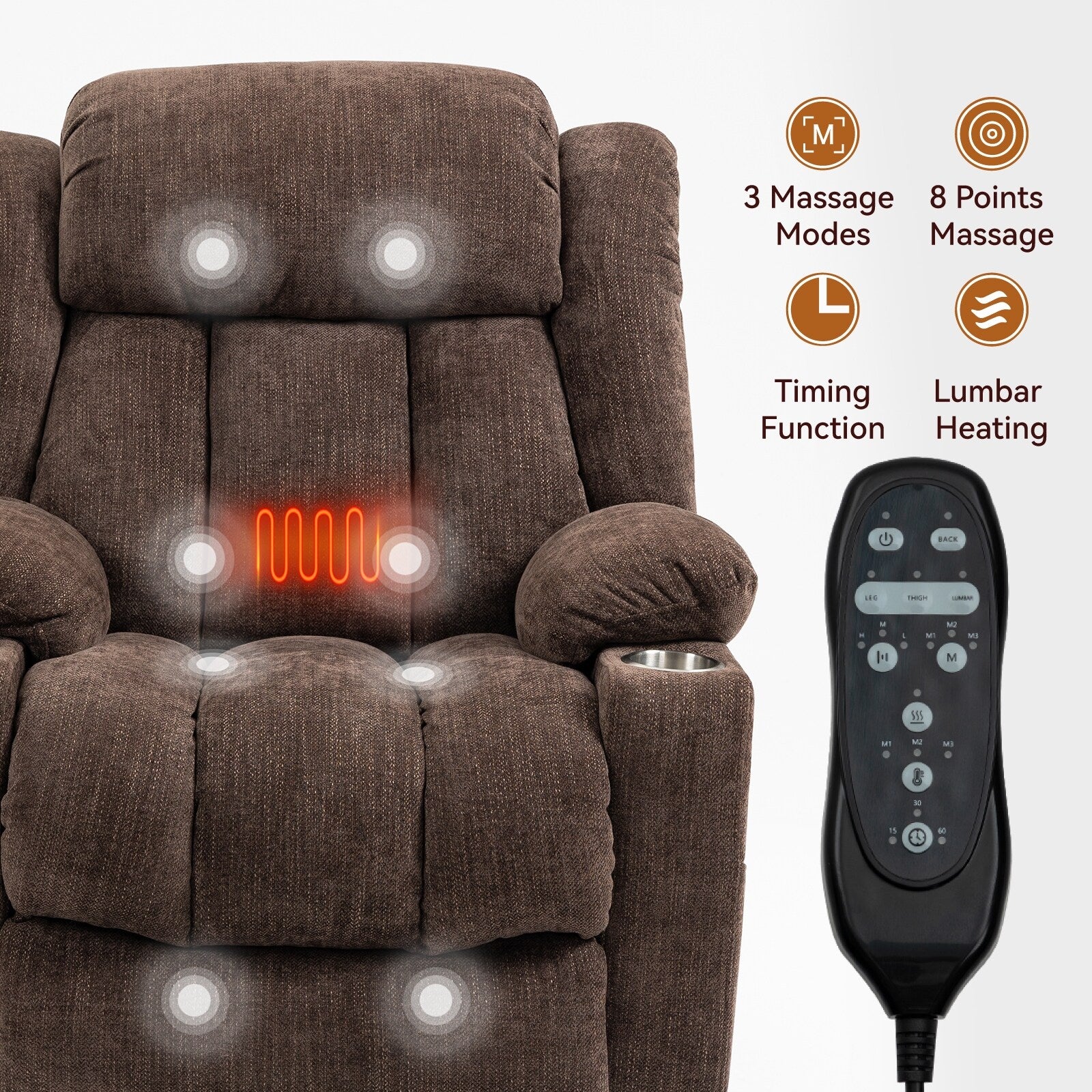 Electric Lift Recliner with Targeted Massage, Lumbar Heating, Dual USB Charging, and Stainless Steel Cup Holders