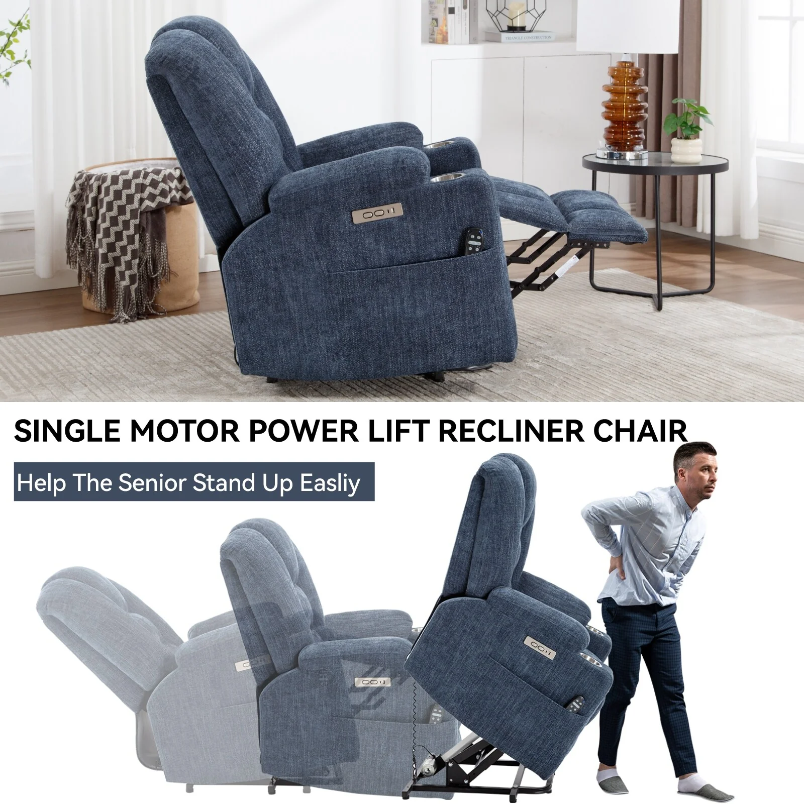 Power Lift Recliner Chair with Dual USB, Cup Holders & Chenille Fabric