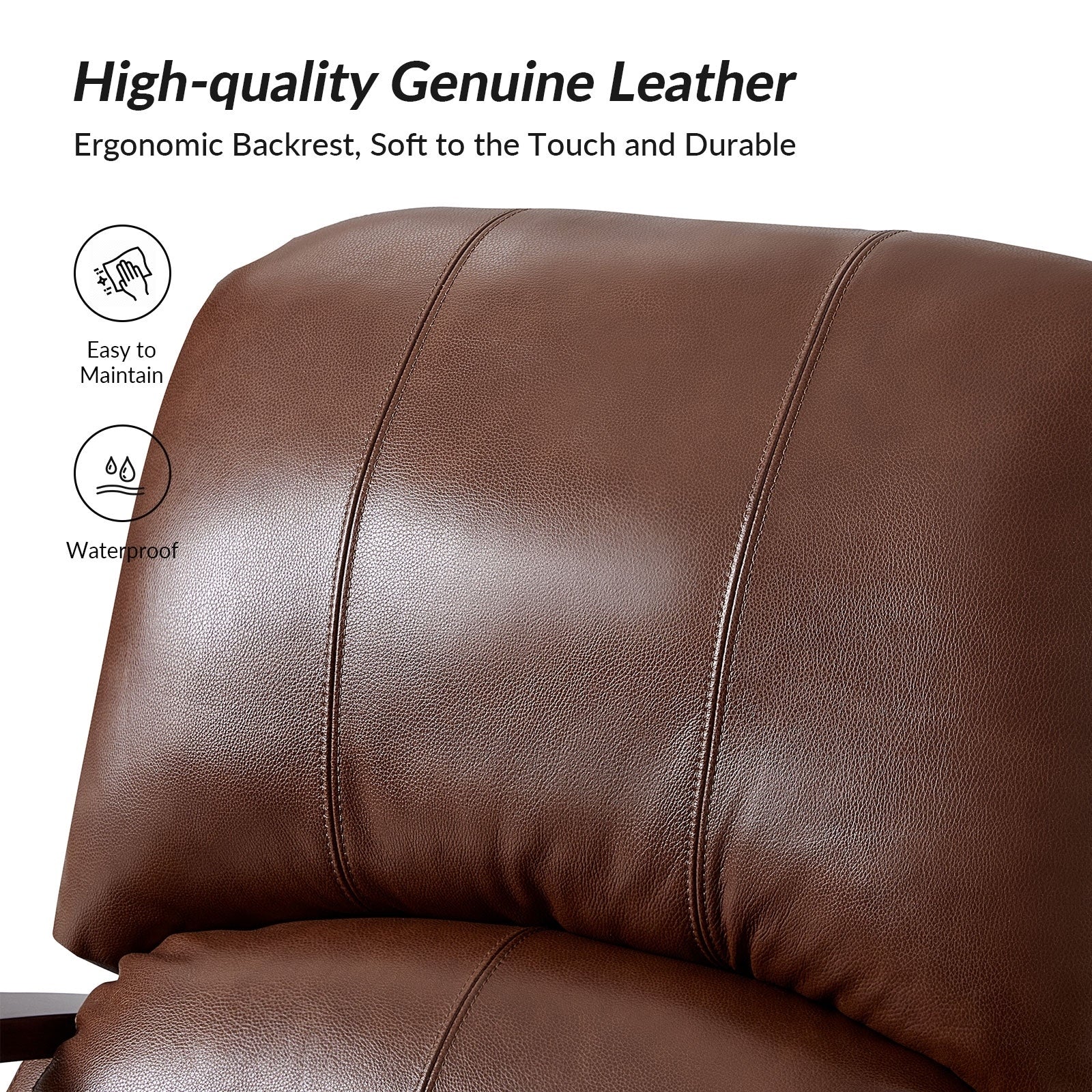 Alex Mid-century Modern Cigar Genuine Leather Manual Recliner with Wooden Curved Arms