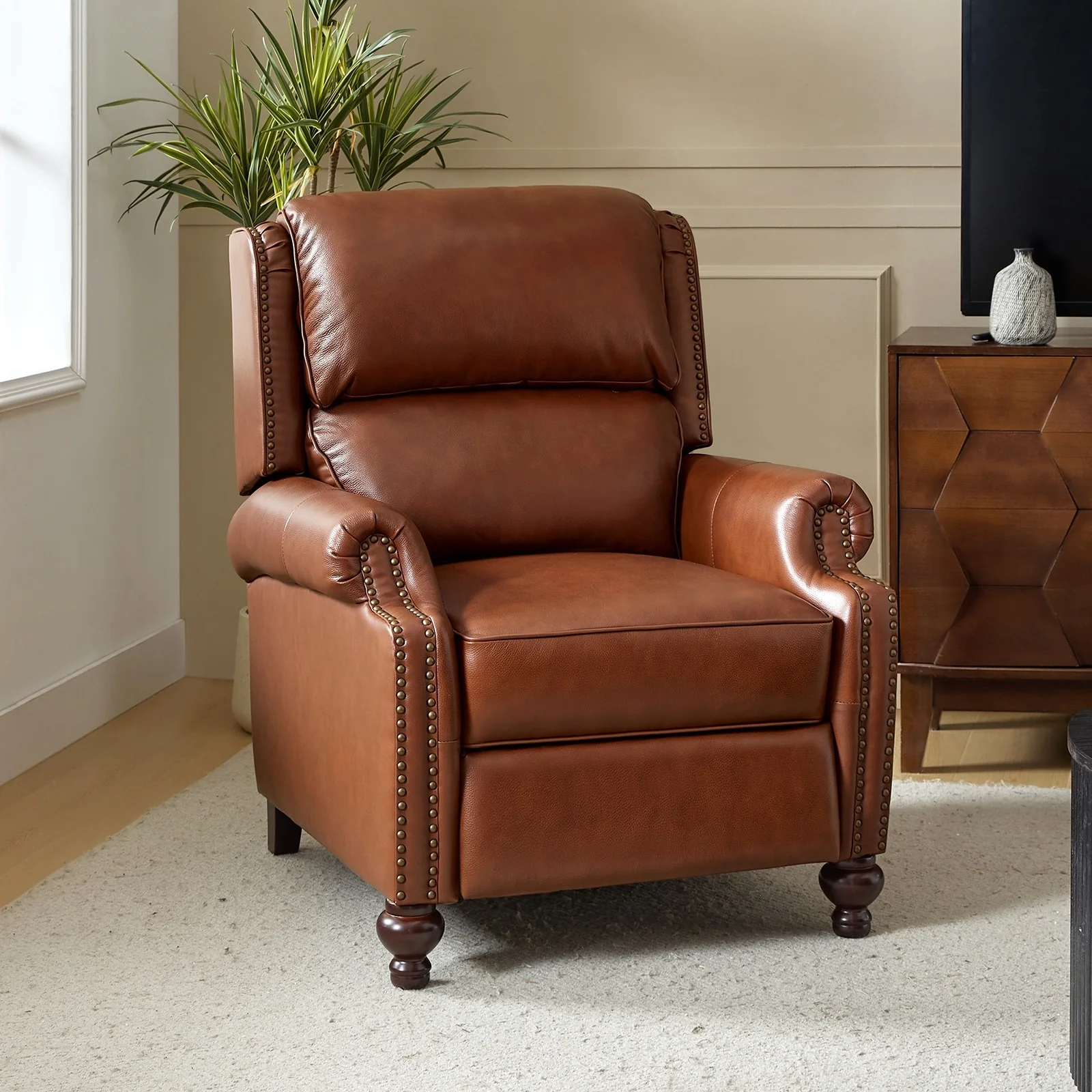 Gabriela Mid-Century Modern Genuine Leather Recliner with Tapered Block Feet by HULALA HOME