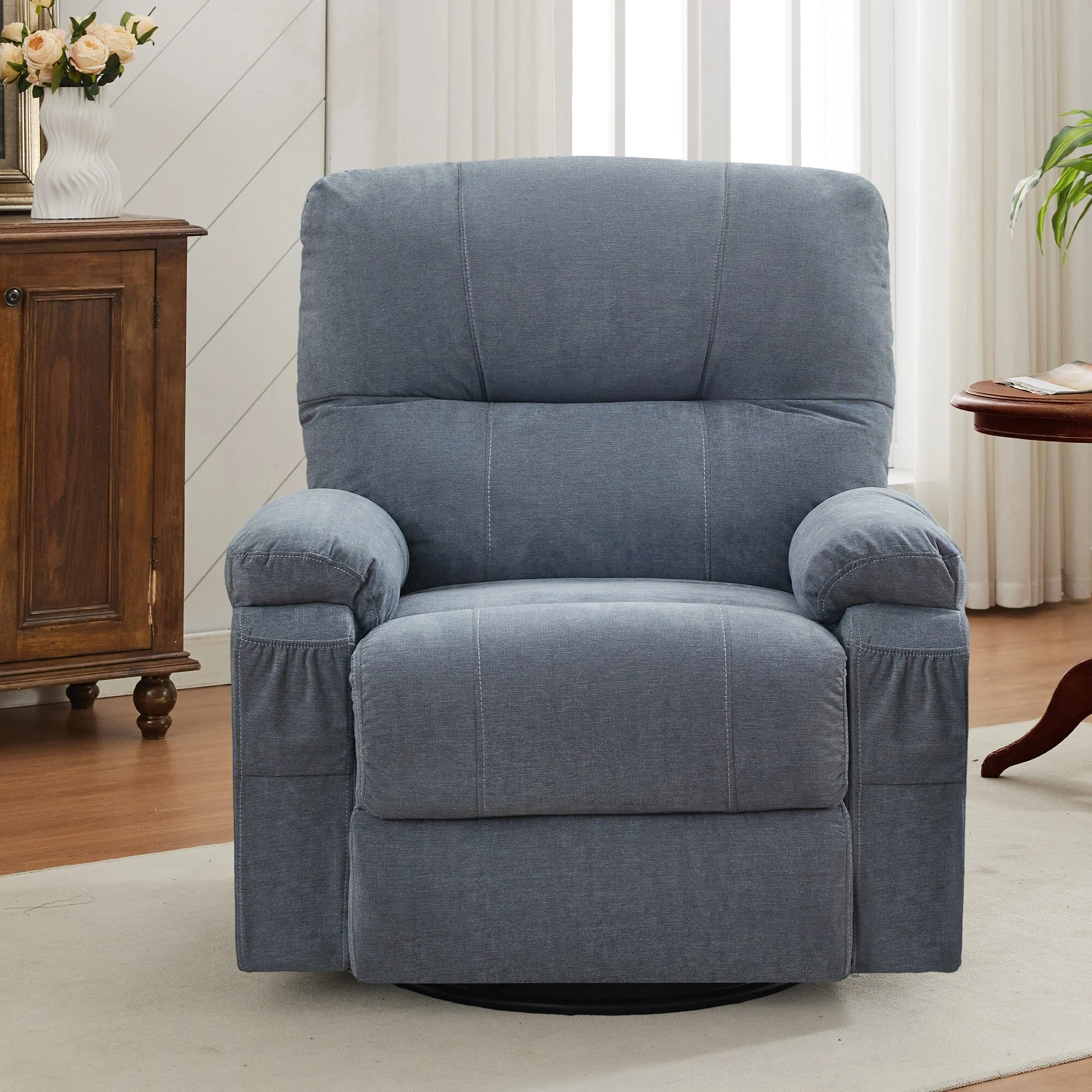 360�� Linen Swivel Rocker Recliner with Side Pockets