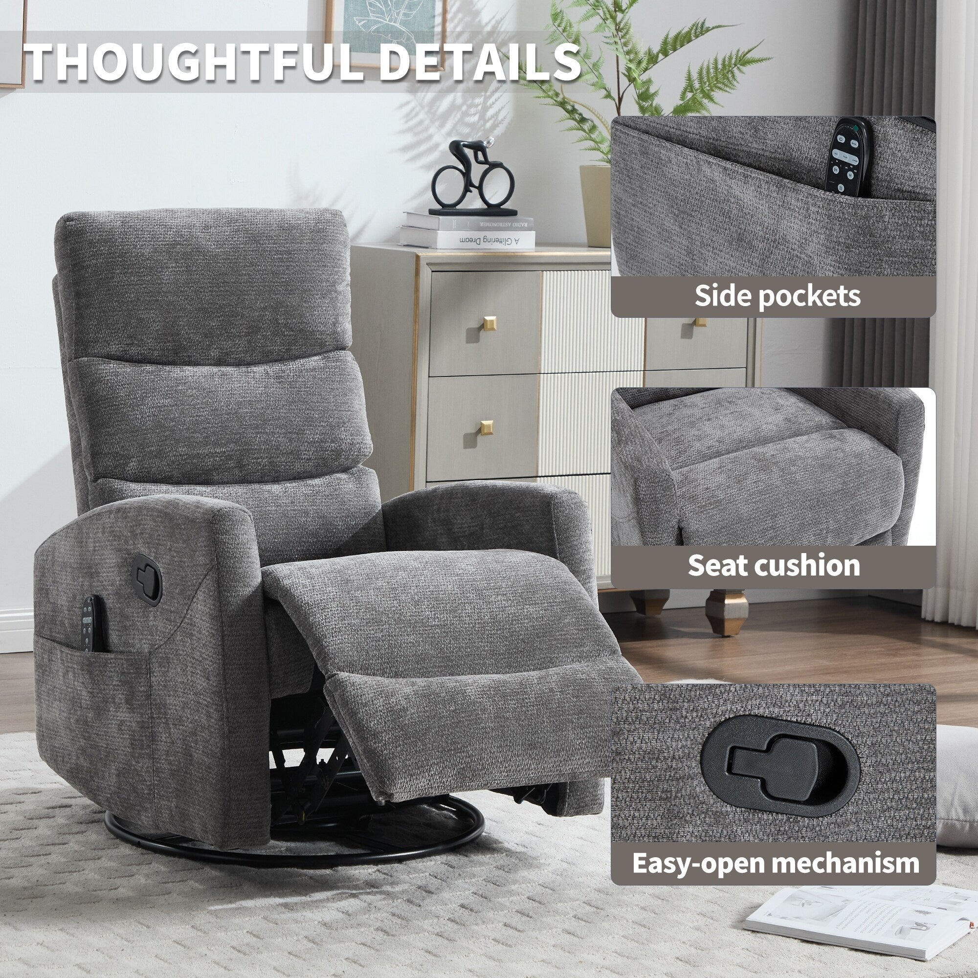 Heat Massage Manual Recliner Chair with Rocker and Swivel in Fabric for Living Room, GREY