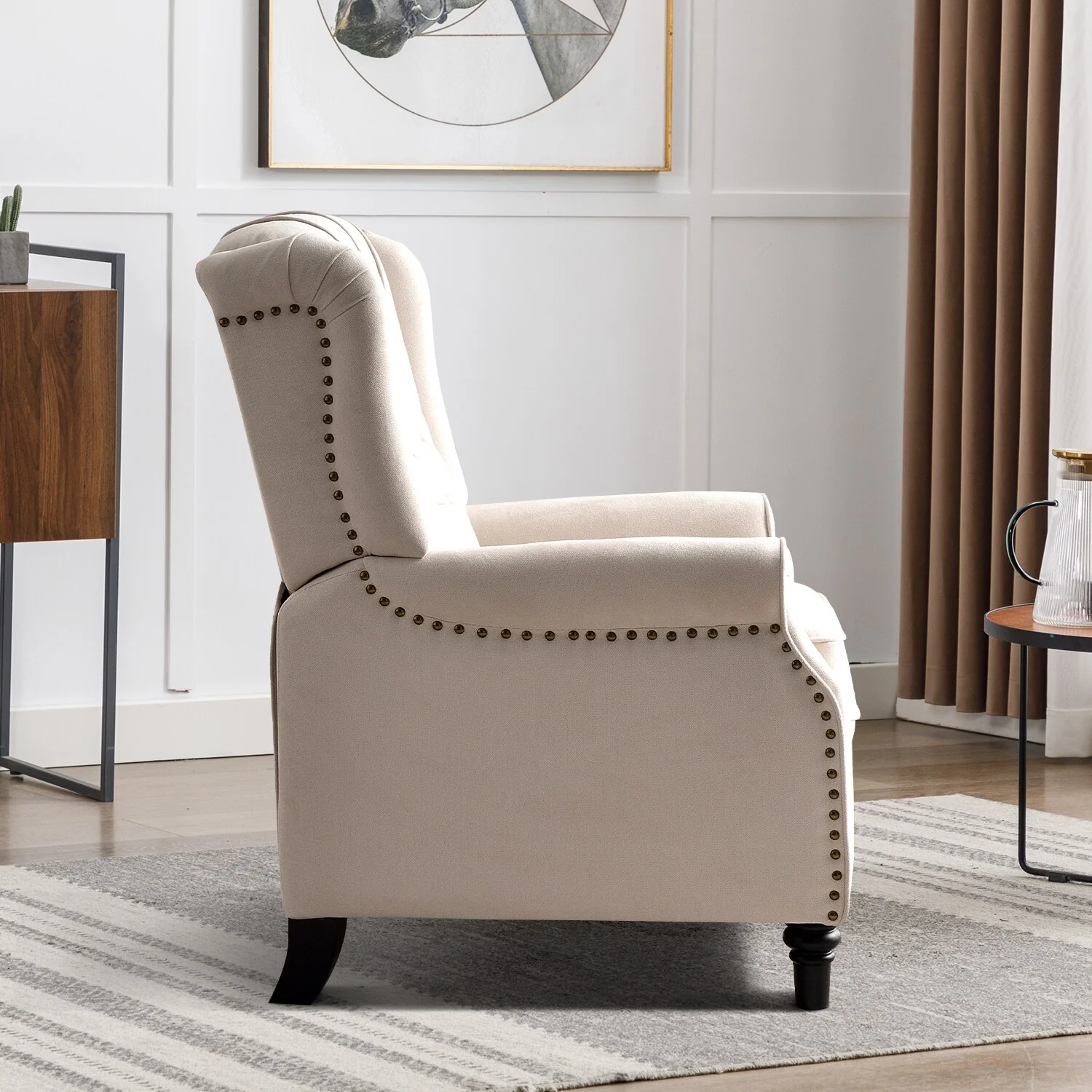 Push Back Recliner with Tufted Back and Wooden Legs