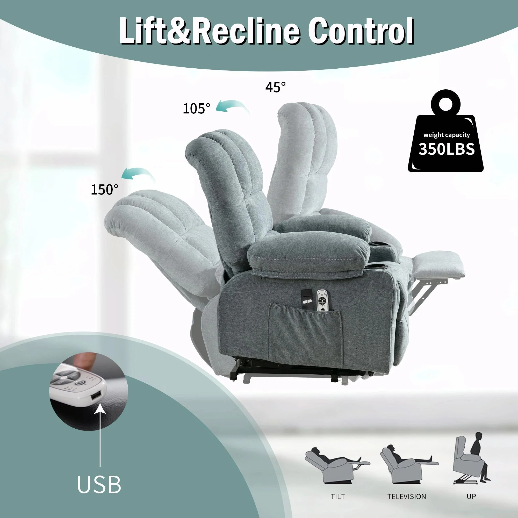 Power Electric Massage Lift Lounge Chair with Heating, Vibration Functions and USB