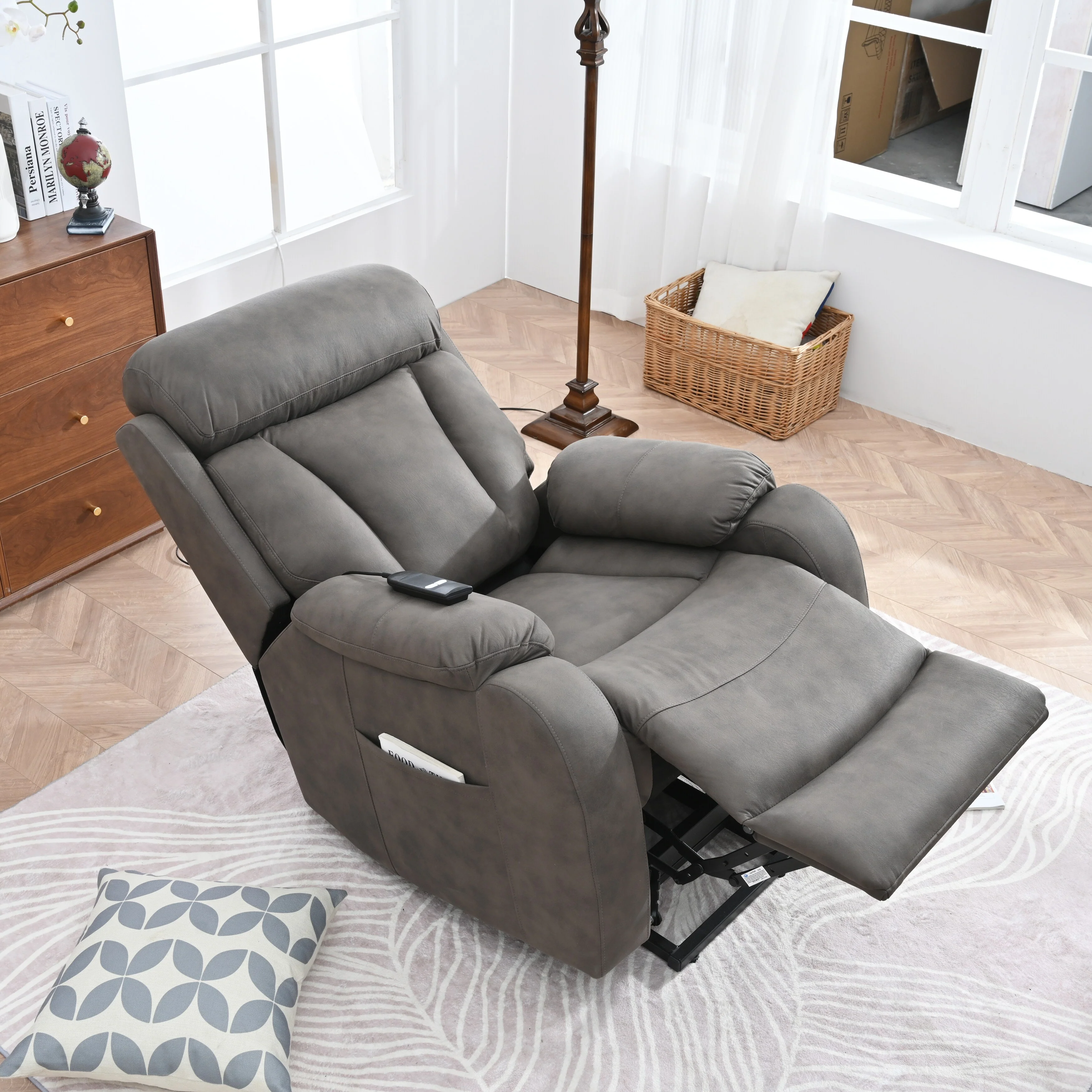 Grey Wide Seat Power Lift Recliner with Remote Control, Side Pocket, and Adjustable Recline Features