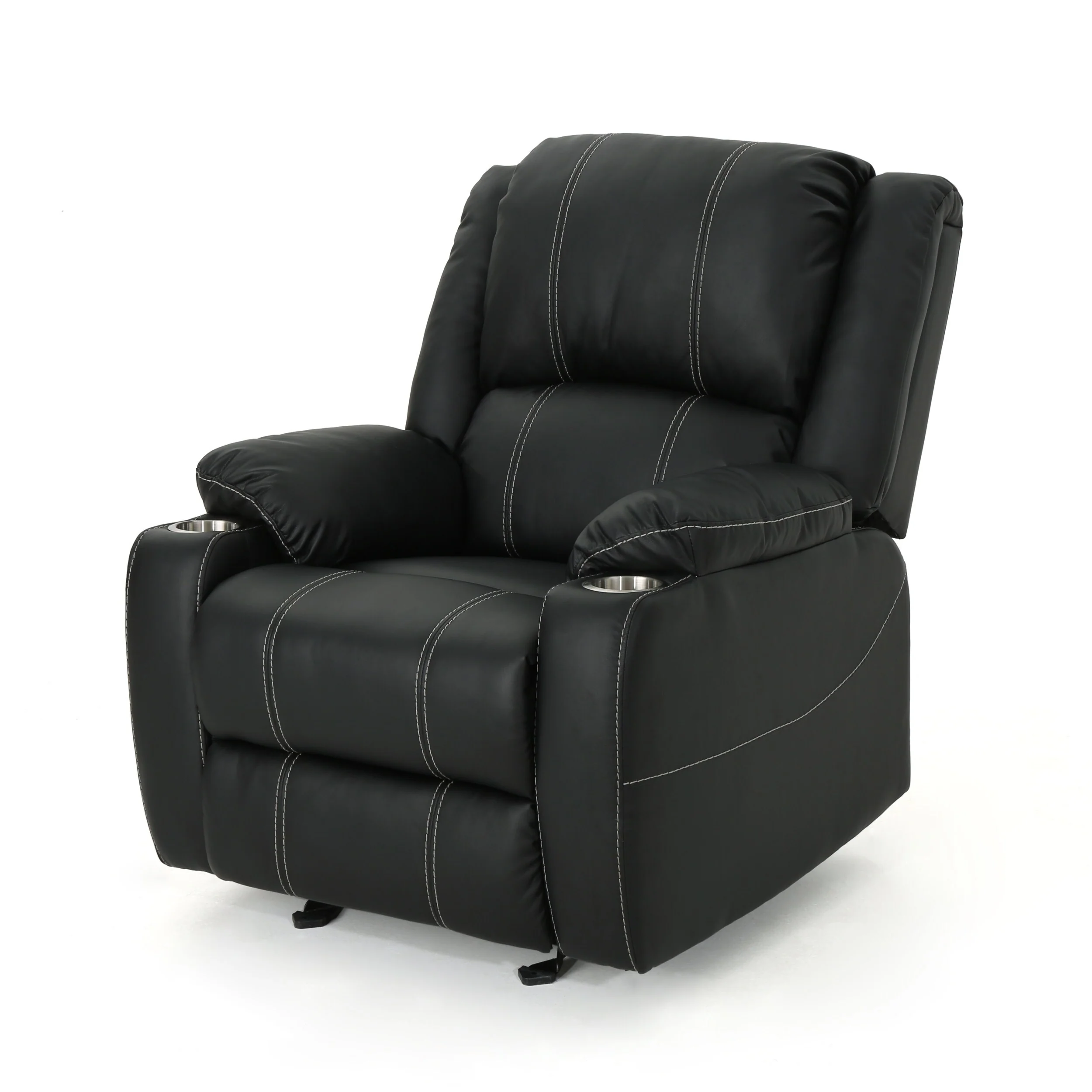 Black Modern Manual Recliner with Steel Cup Holders, Plush PU Leather, and Adjustable Reclining Backrest