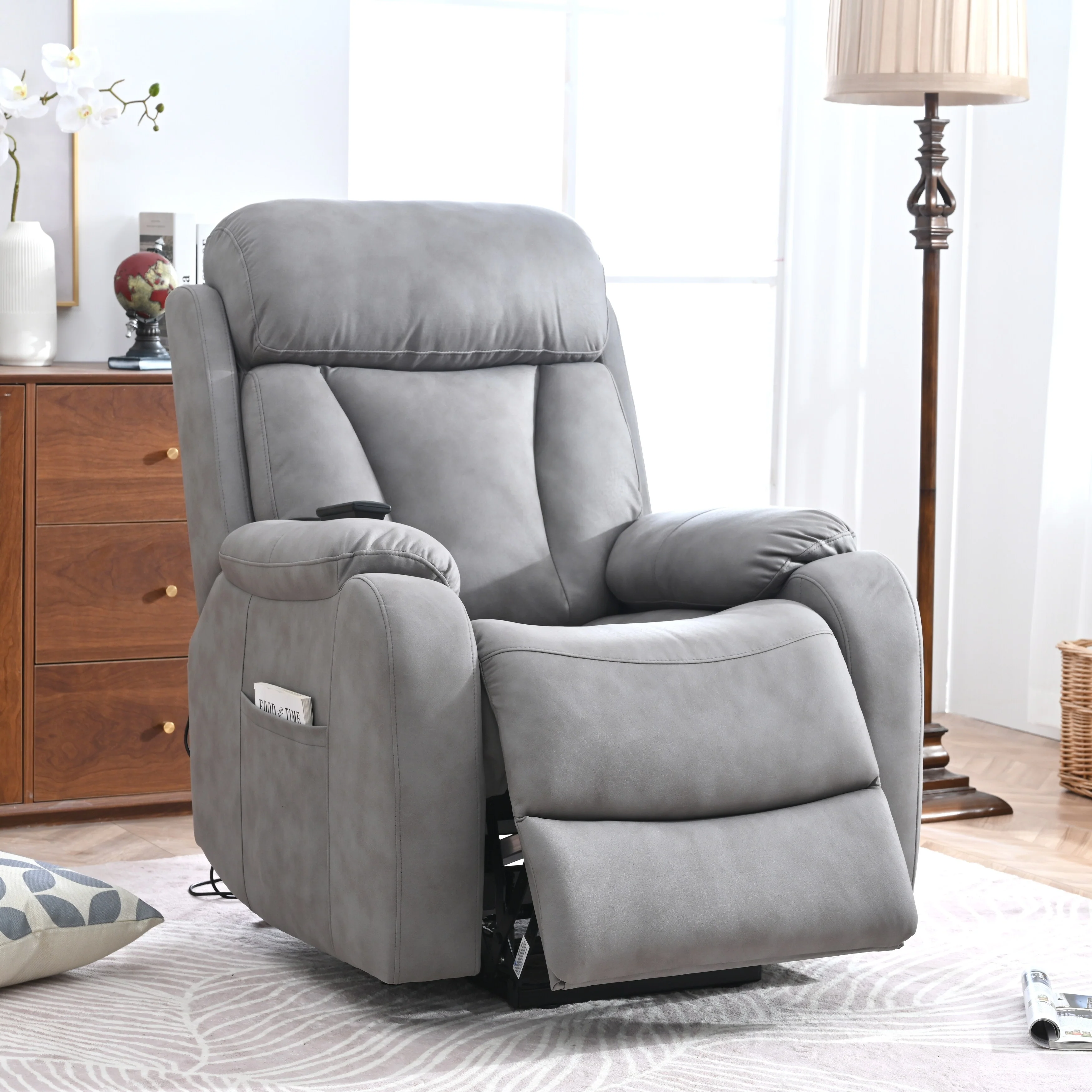 Grey Wide Seat Power Lift Recliner with Remote Control, Side Pocket, and Adjustable Recline Features