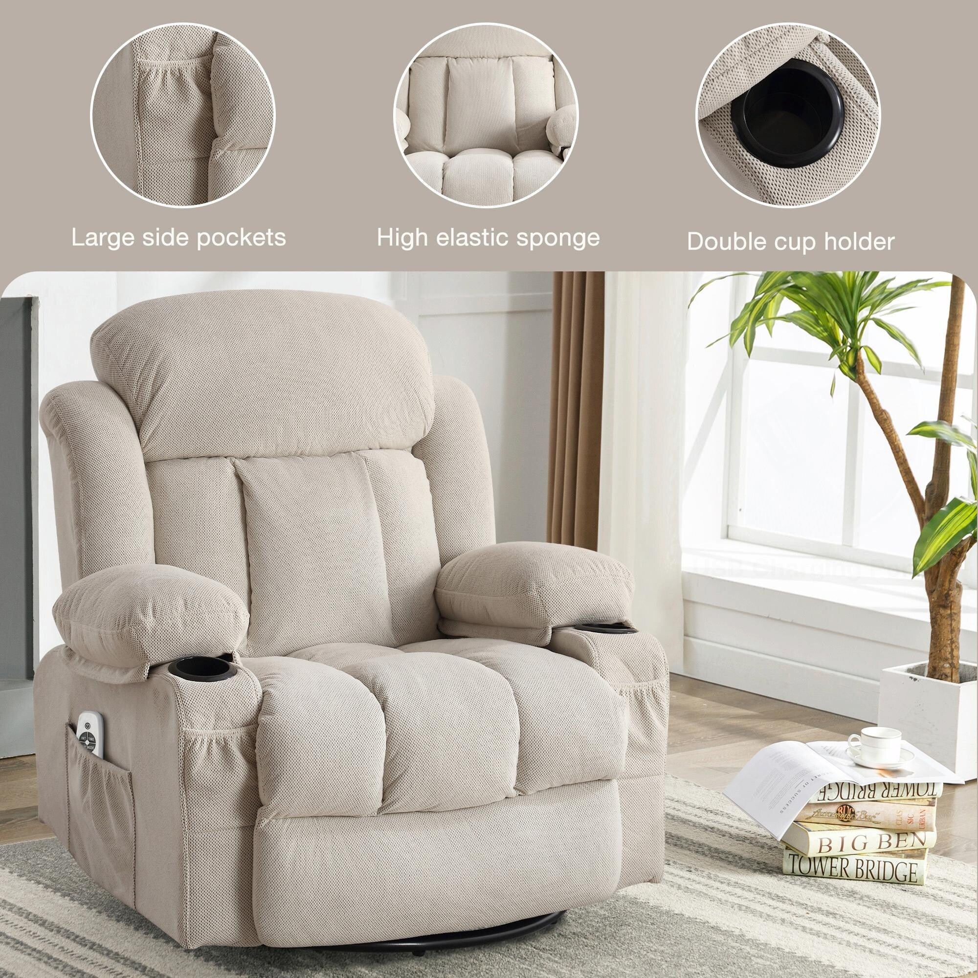 Swinging Recliner Massage Heated Sofa, with USB and 2 Cup Holders in Side Pockets