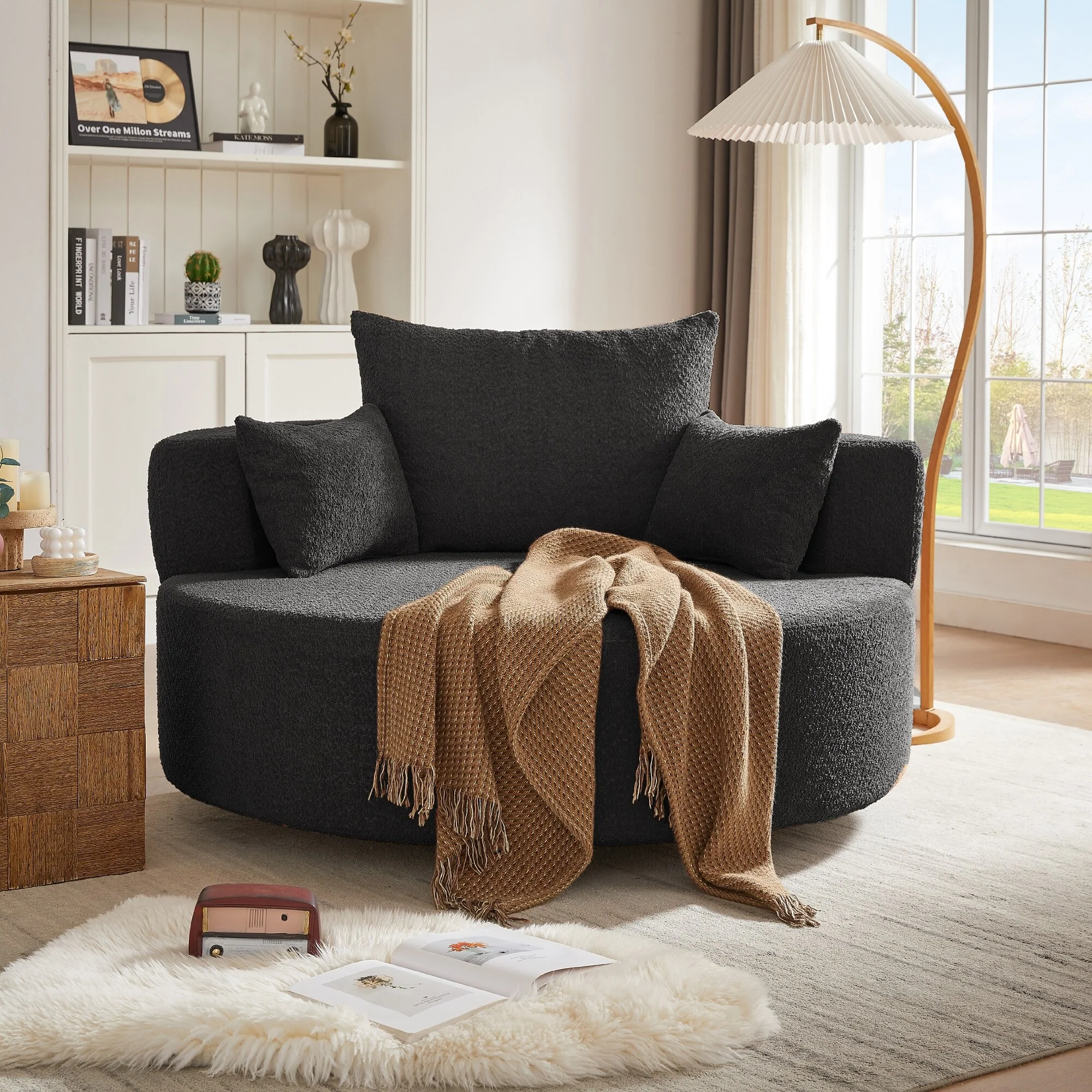 Chenille Accent Barrel Chair Lounge Chair, Round Sofa Chair Armchair with 360-Degree Swivel Base and 3 Removable Pillows