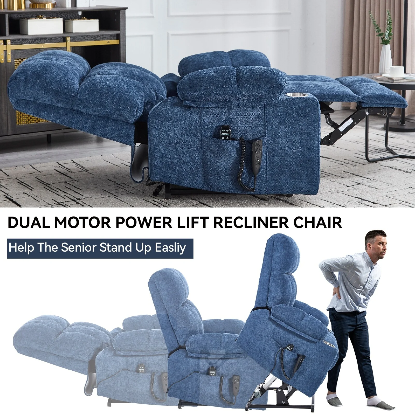 Lift Recliner Chair, Heavy Duty Motion Mechanism with 8-Point Vibration Massage and Lumbar Heating, Dual Cup Holders