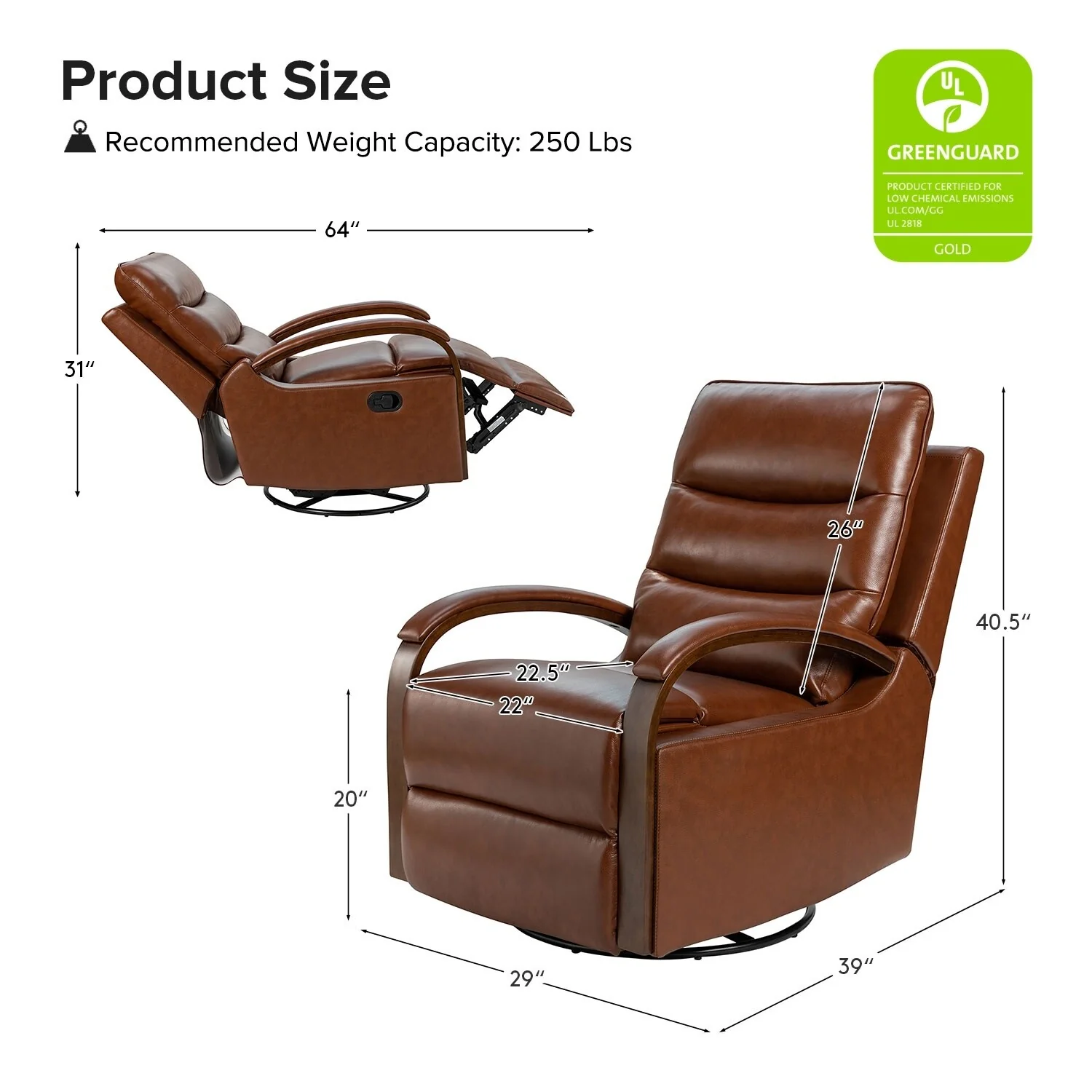 Leopold Genuine Leather Swivel Rocking Manual Recliner Chair with Wooden Arm Accents Set of 2 by HULALA HOME