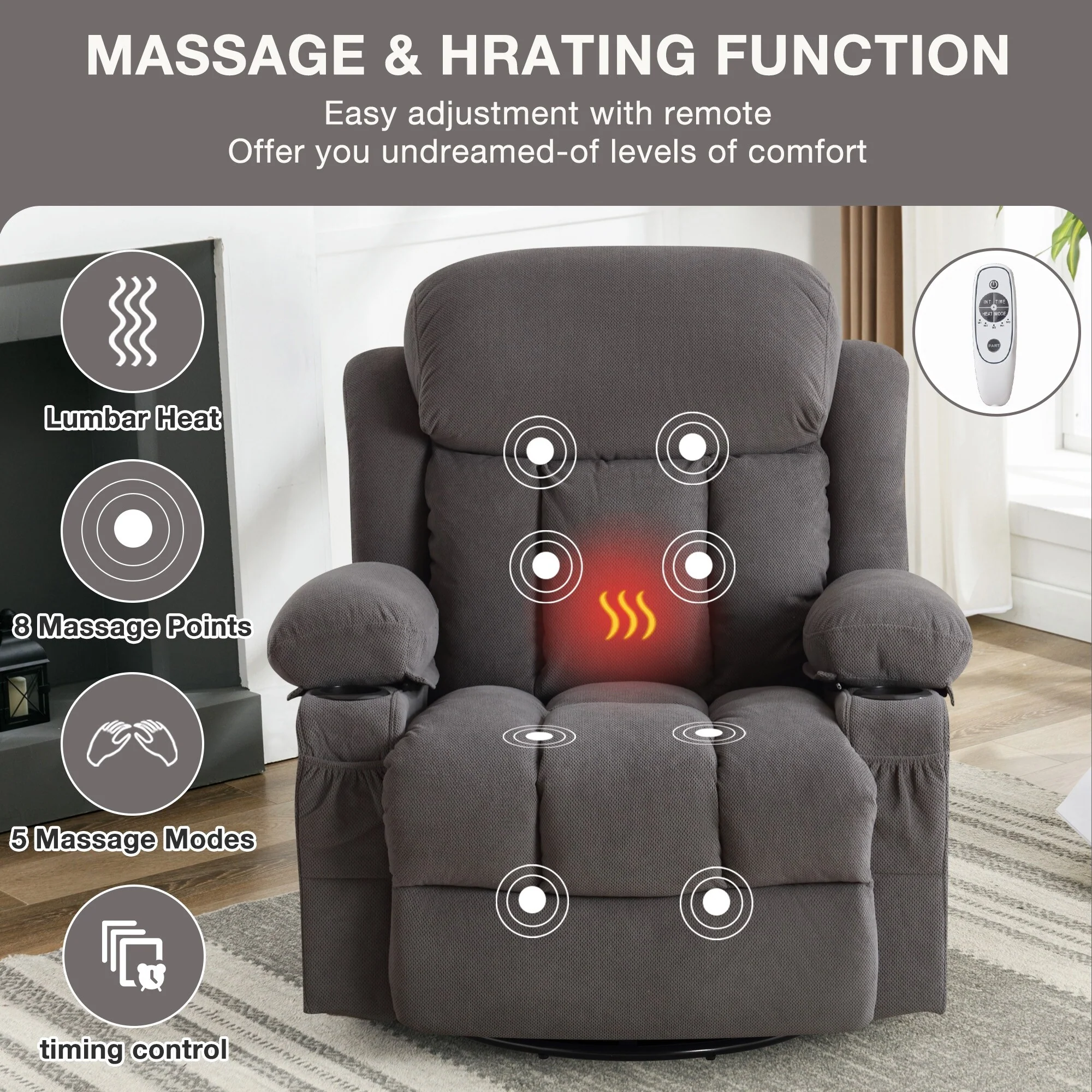Swinging Recliner Massage Heated Sofa, With Usb And 2 Cup Holders In Side Pockets