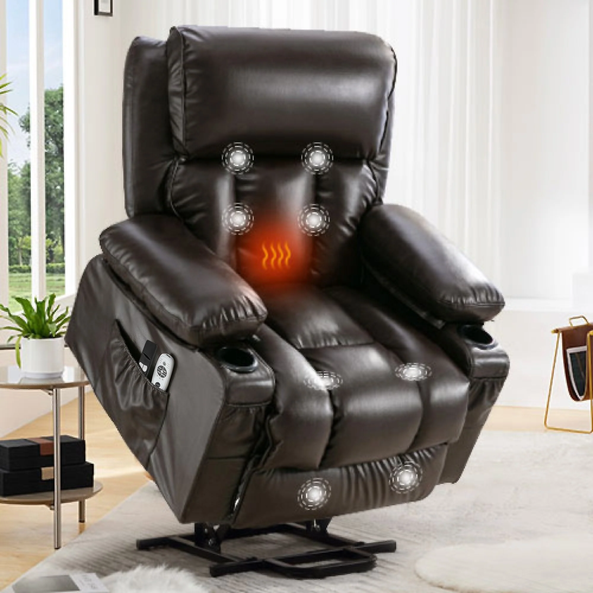 Faux Leather Power Lift Recliner Chair with Heating and Vibration Functions, Lounge Chair with USB Port and Foot Pedal