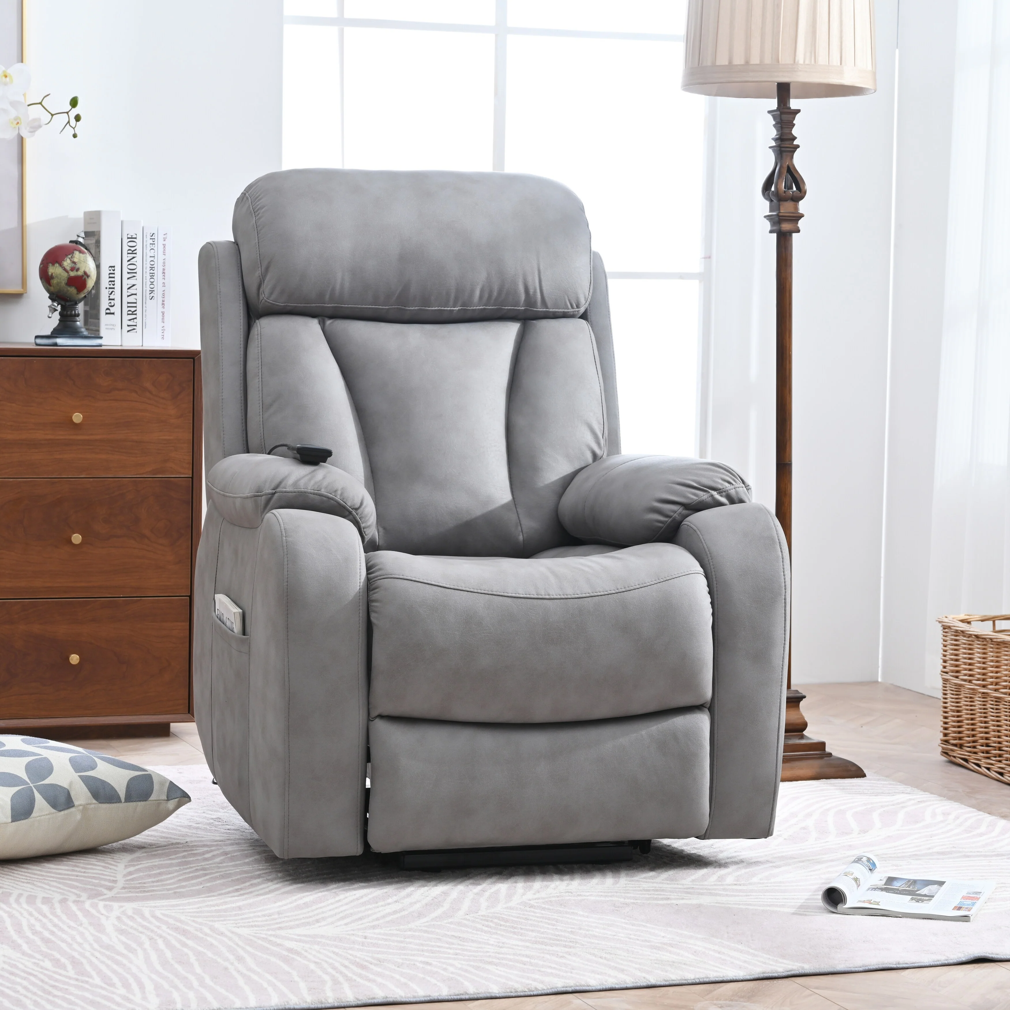 Grey Wide Seat Power Lift Recliner with Remote Control, Side Pocket, and Adjustable Recline Features