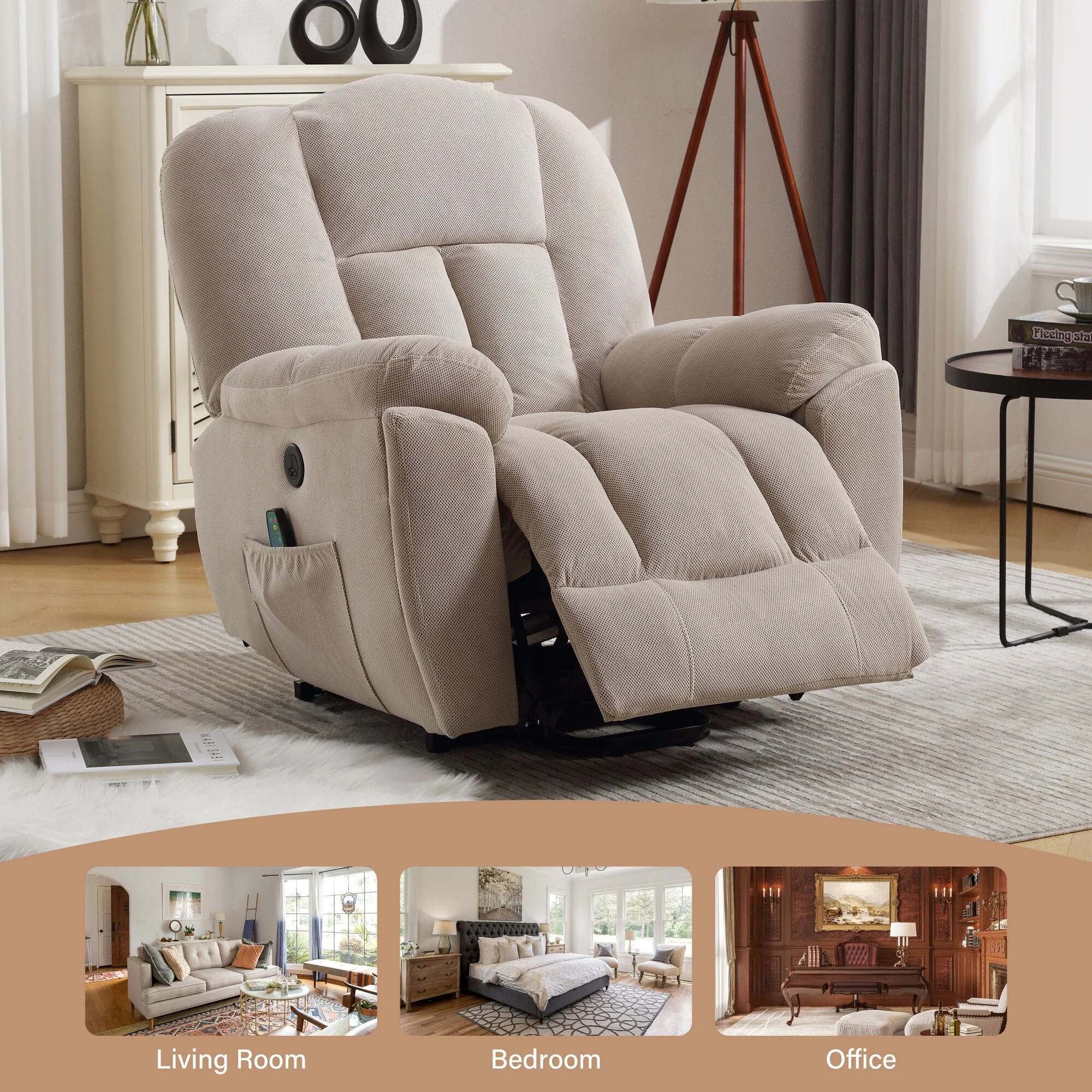 Grey Electric Power Lift Recliner Chair with Heat, Massage, Infinite Position, USB Charging, Side Pockets