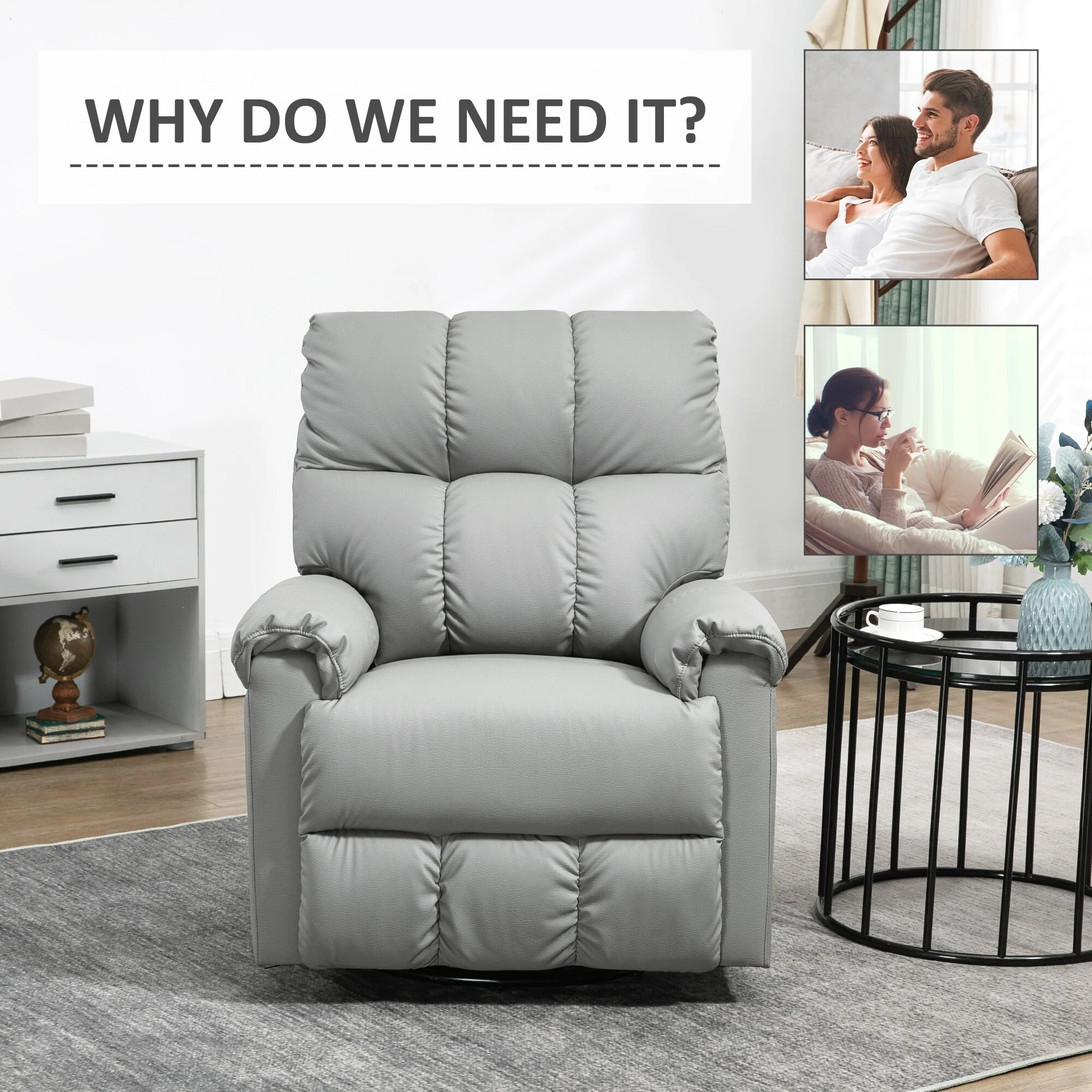 Grey Faux Leather Rocker Recliner with Overstuffed Backrest, 360�� Swivel Base, Manual Recline, and Integrated Footrest