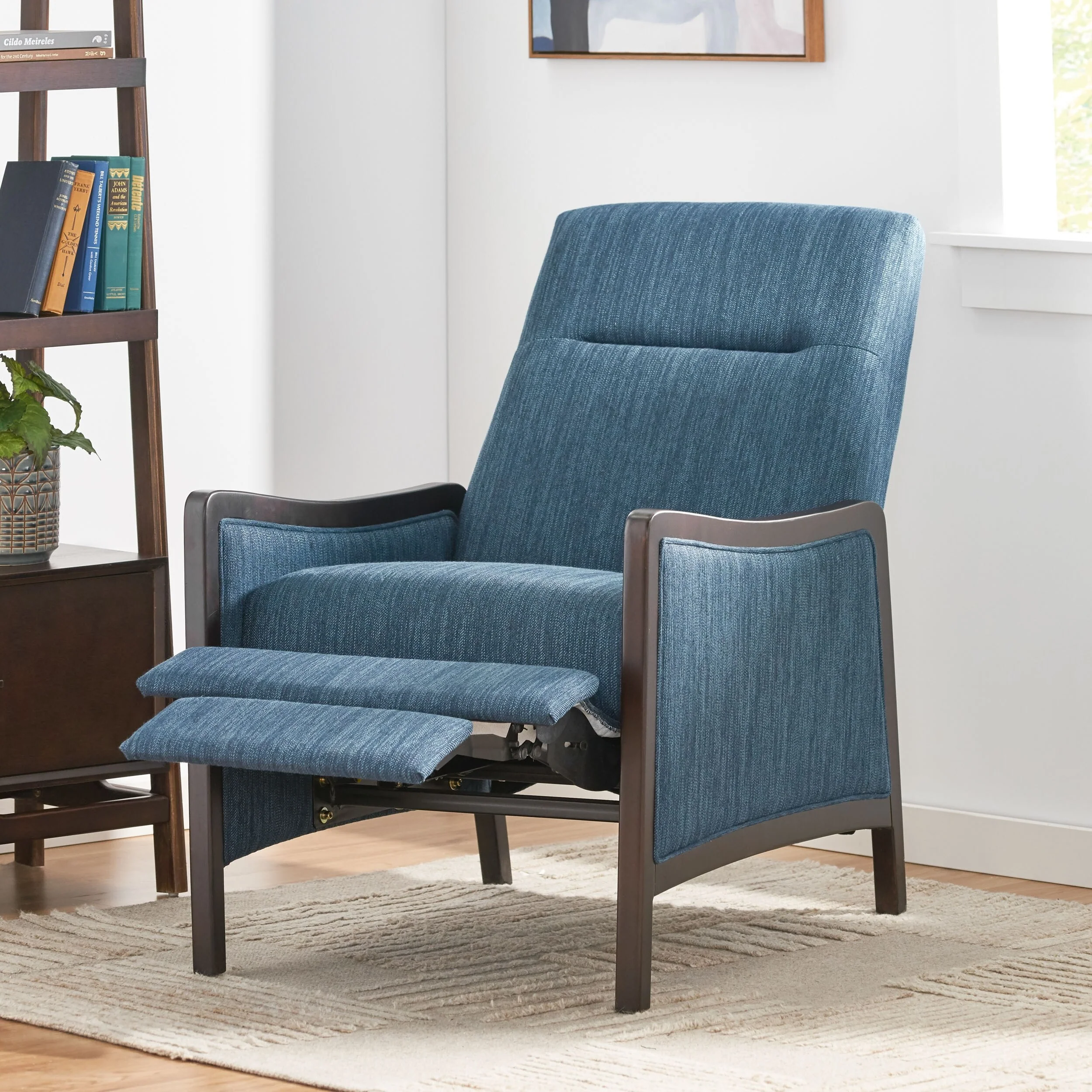 Roomfitters Mid-Century Fabric Push Back Recliner Chair with Wood Trim and Angled Arms