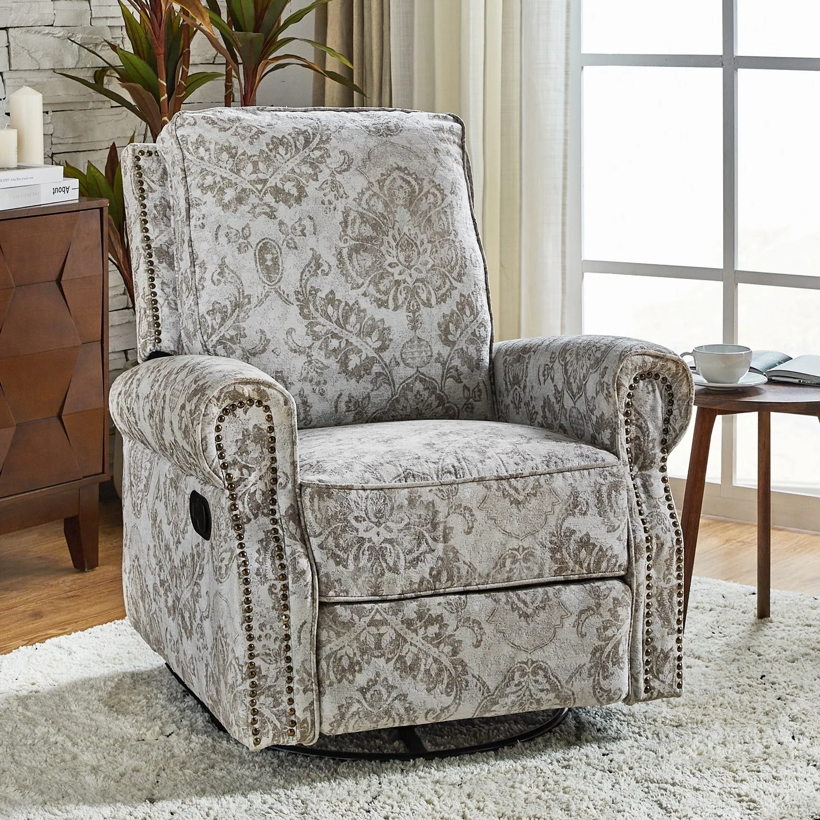 Roderich Farmhouse Floral Print Swivel Rocker Recliner with Rolled Arms by HULALA HOME