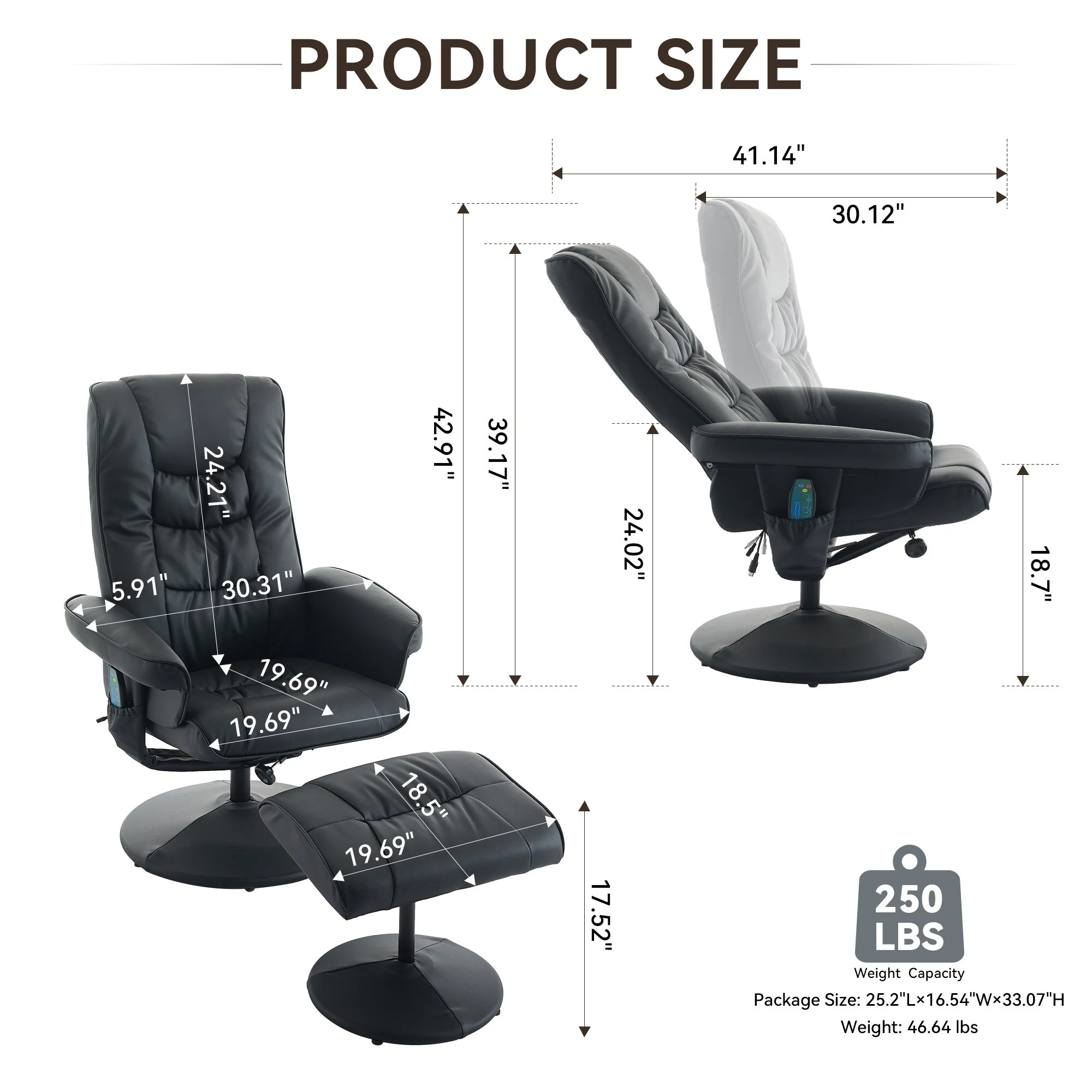 Recliner Chair with Ottoman - 360�� Swivel Massage Lounge Chair with 5-Point Vibration  Heated Seat, 140�� Adjustable