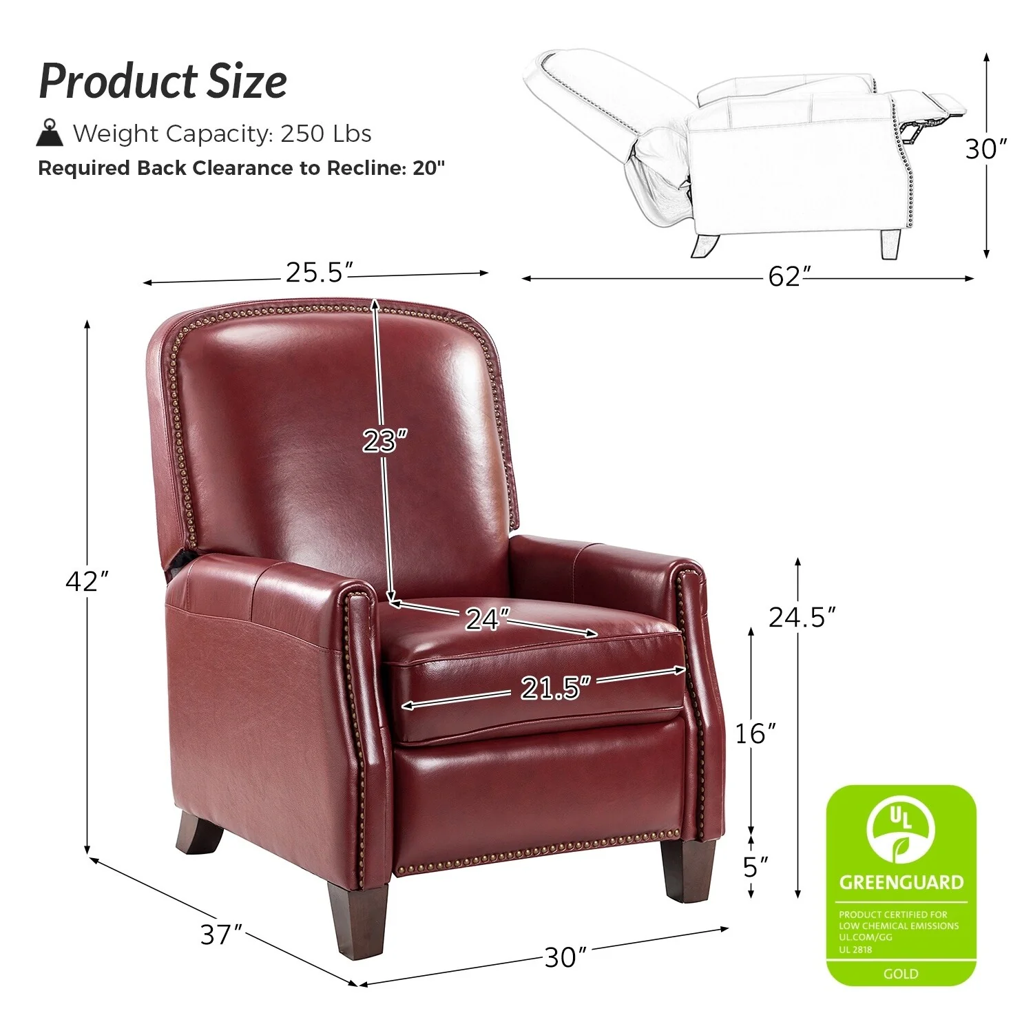 Gladis Modern Retro Genuine Leather Recliner with Nailhead Trim by HULALA HOME