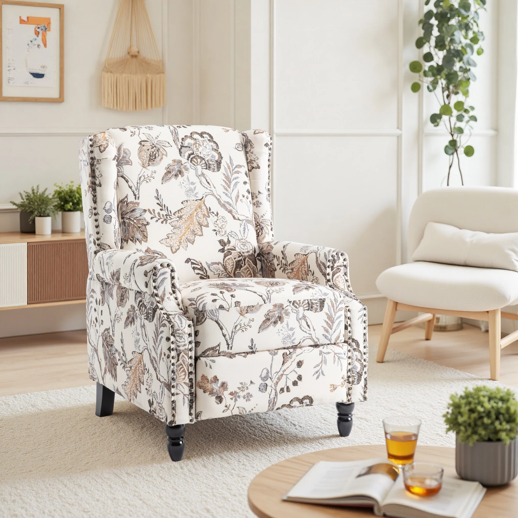 Linen Manual Upholstered Recliner with Wood Legs