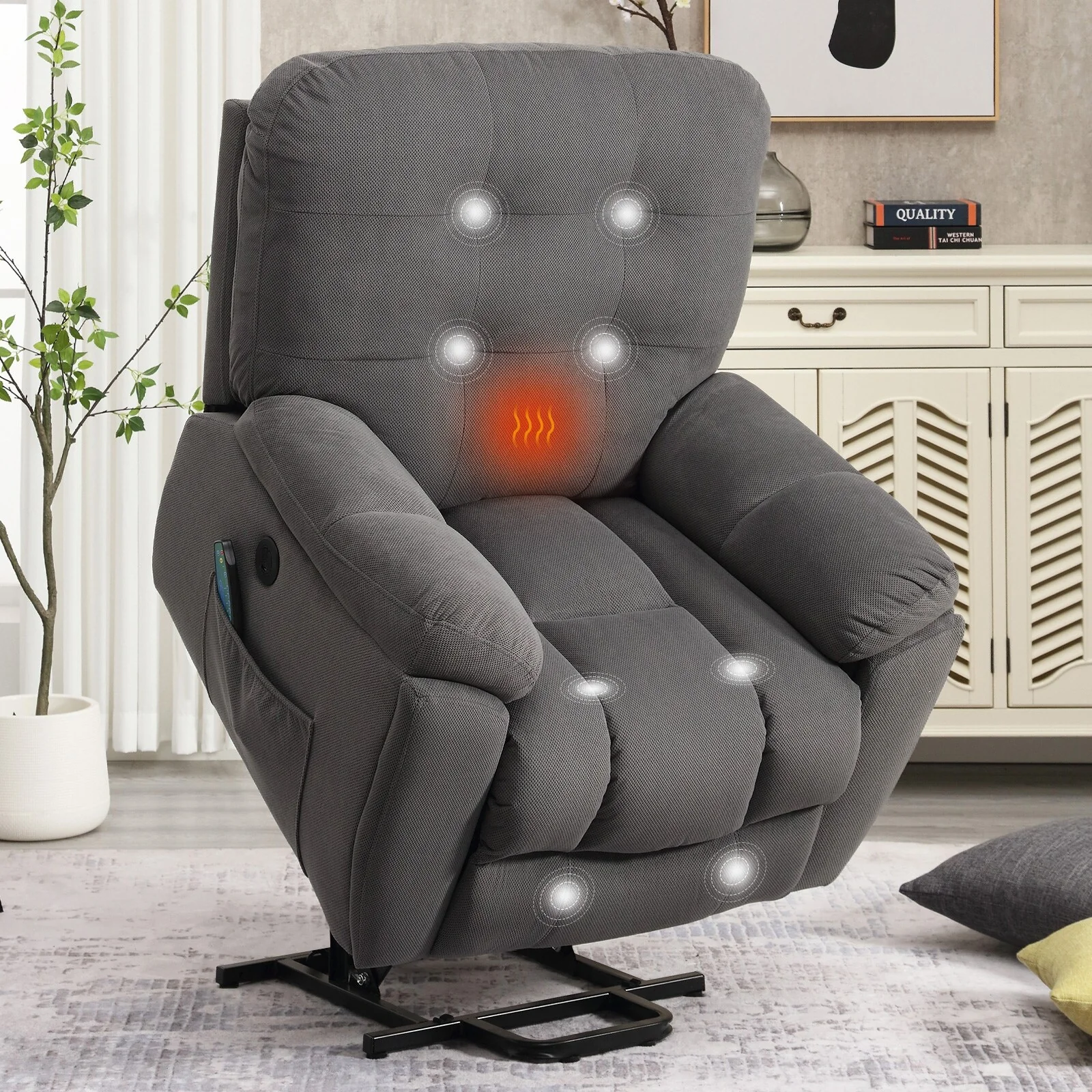 Grey Power Lift Recliner with Vibration Massage, Heating, USB Port, Hidden Cup Holders, and Side Pockets, Adjustable Recline