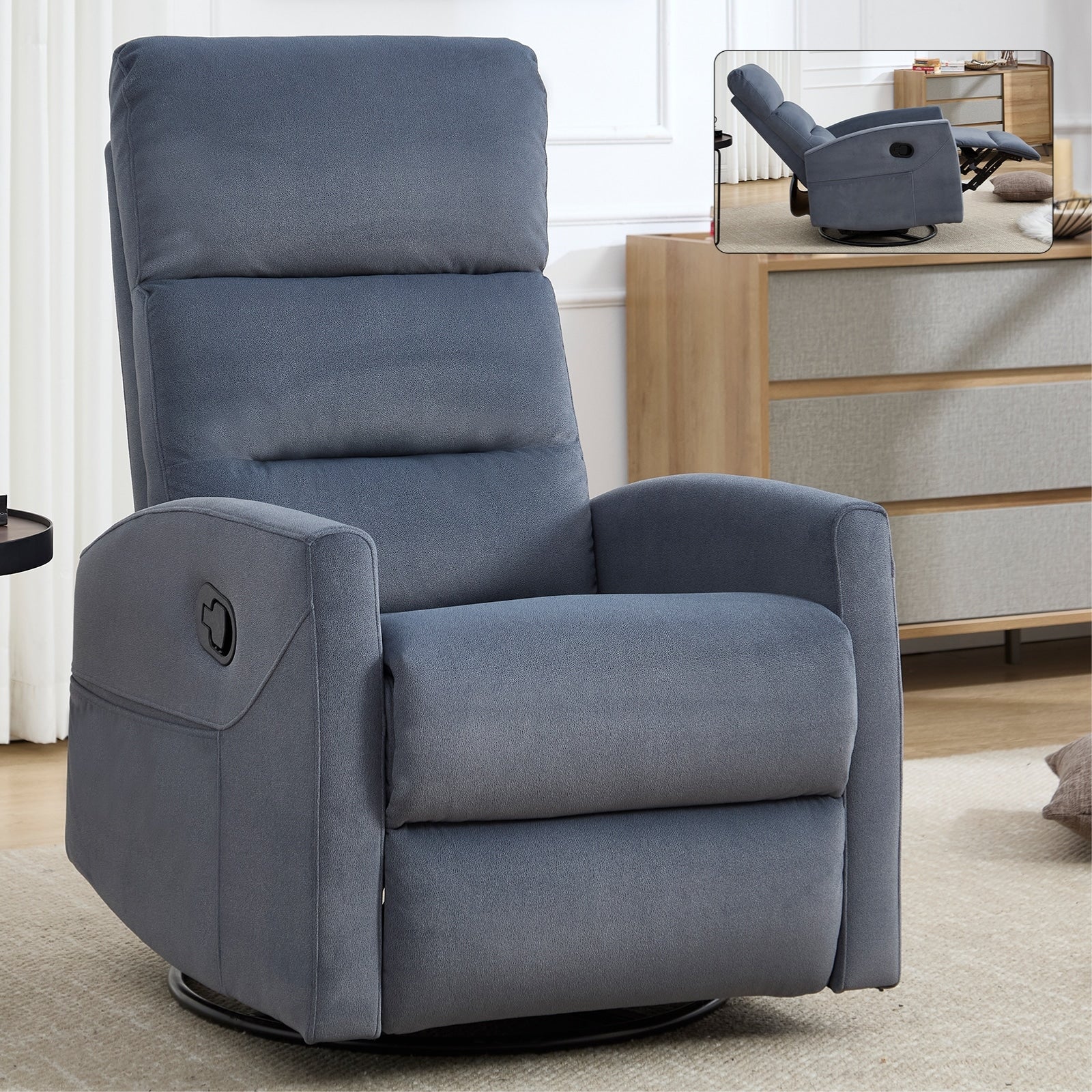 Fabric Rocker Recliner Chair with 360�� Swivel Base, Manual Reclining Armchair with Side Lever, Comfortable Lounge Chair