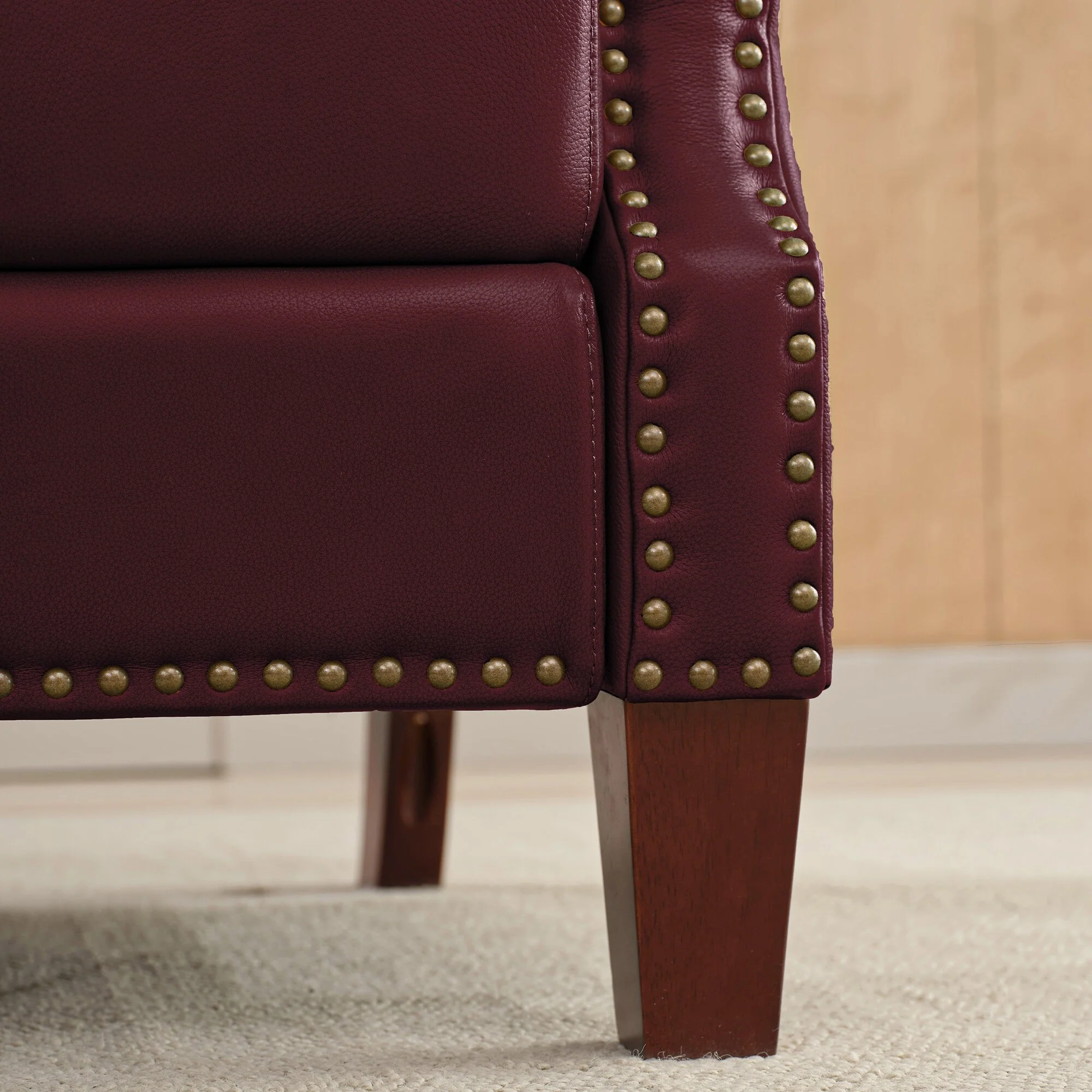 Genuine Leather Pushback Recliner with Multi-Angle Seat Back and Solid Wood Legs