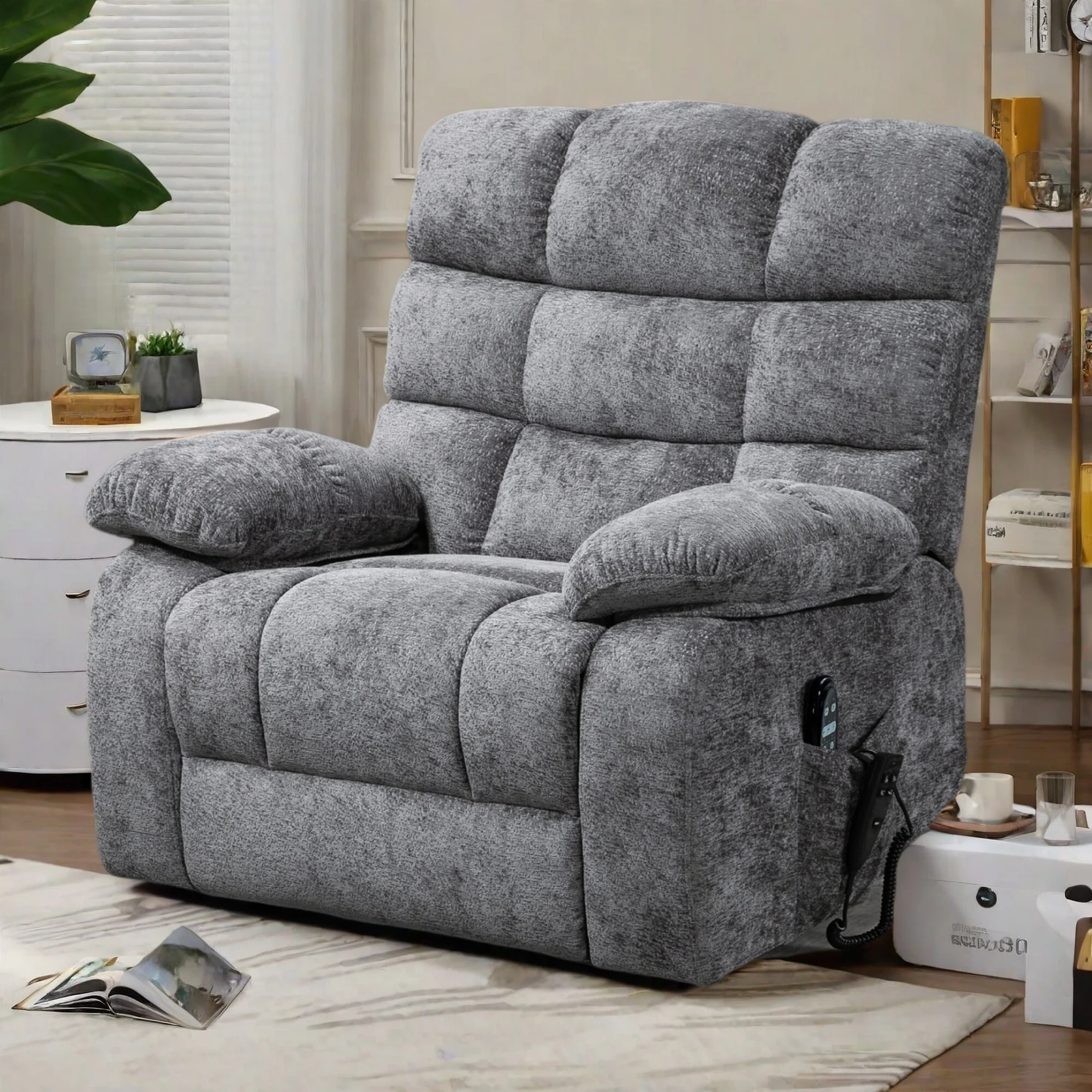 Chenille Oversized Power Lift Recliner Chair with Dual Motor, Massage, Lumbar Heat, and Full Recline