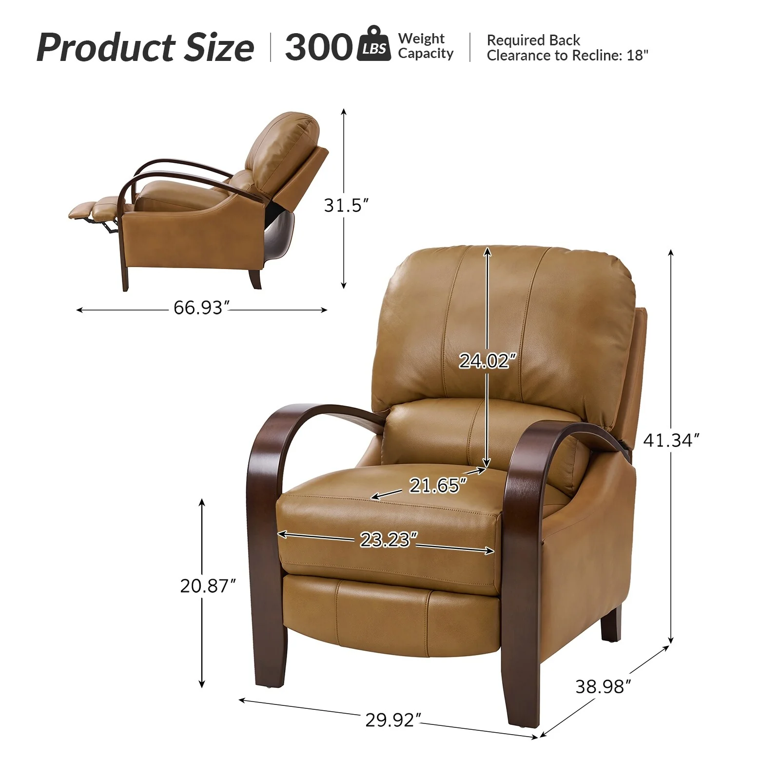 Alex Mid-century Modern Cigar Genuine Leather Manual Recliner with Wooden Curved Arms