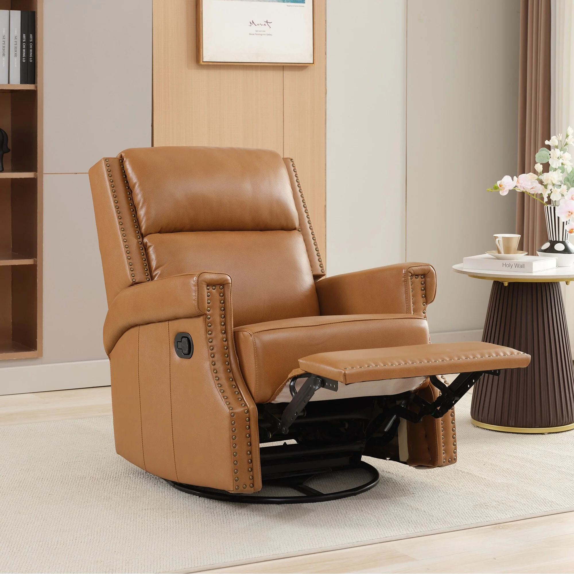 Genuine Leather Manual Rocking Recliner with 360-degree Metal Swivel Base