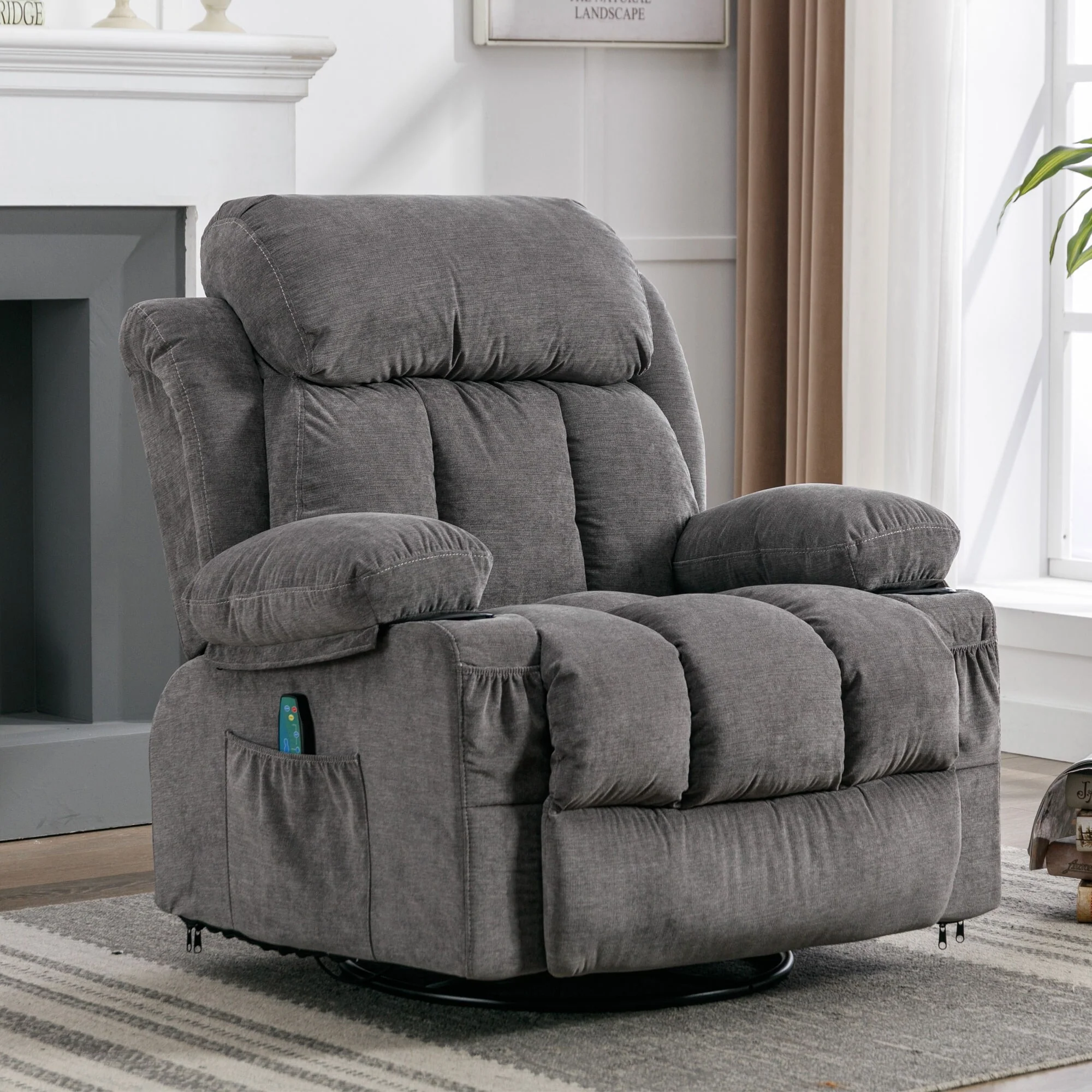 Beige 360�� Swivel Recliner with Massage and Heating, USB Charging, Dual Cup Holders, and Large Side Pockets
