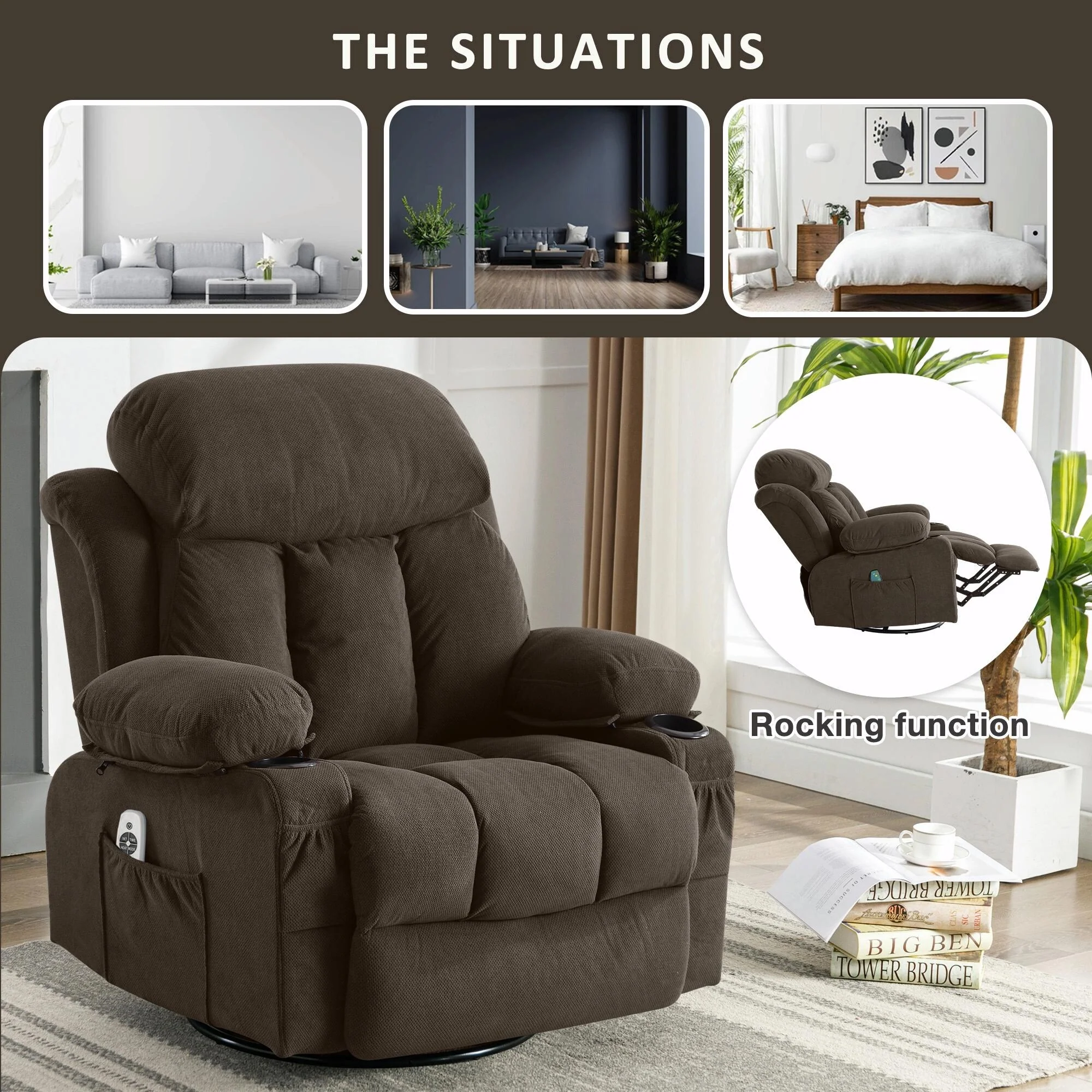 Swinging Recliner Massage Heated Sofa, with USB and 2 Cup Holders in Side Pockets