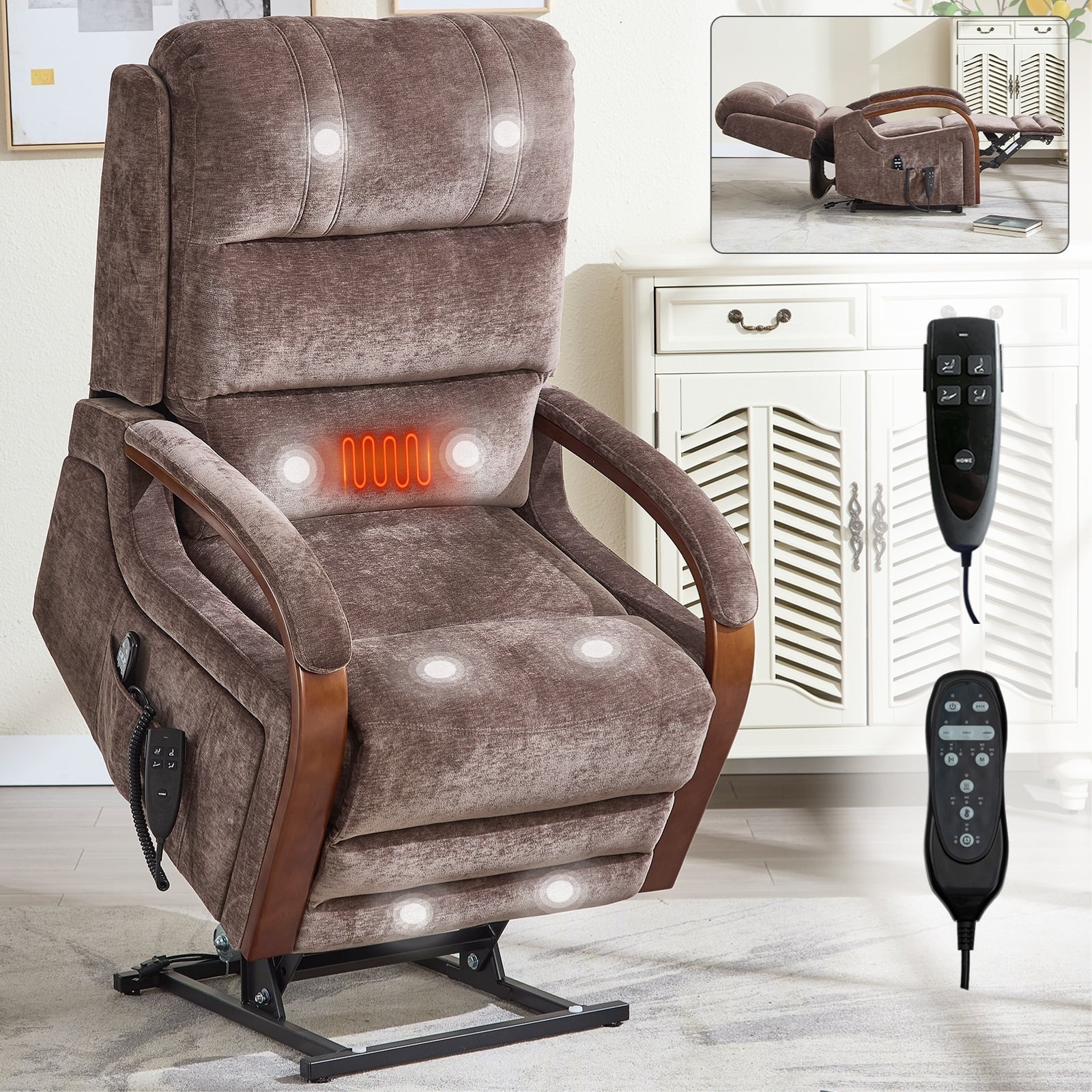 Electric Chenille Lift Recliner with Dual Motors, Infinite Recline Positions, Heat & 8-Point Massage, Solid Wood Armrests