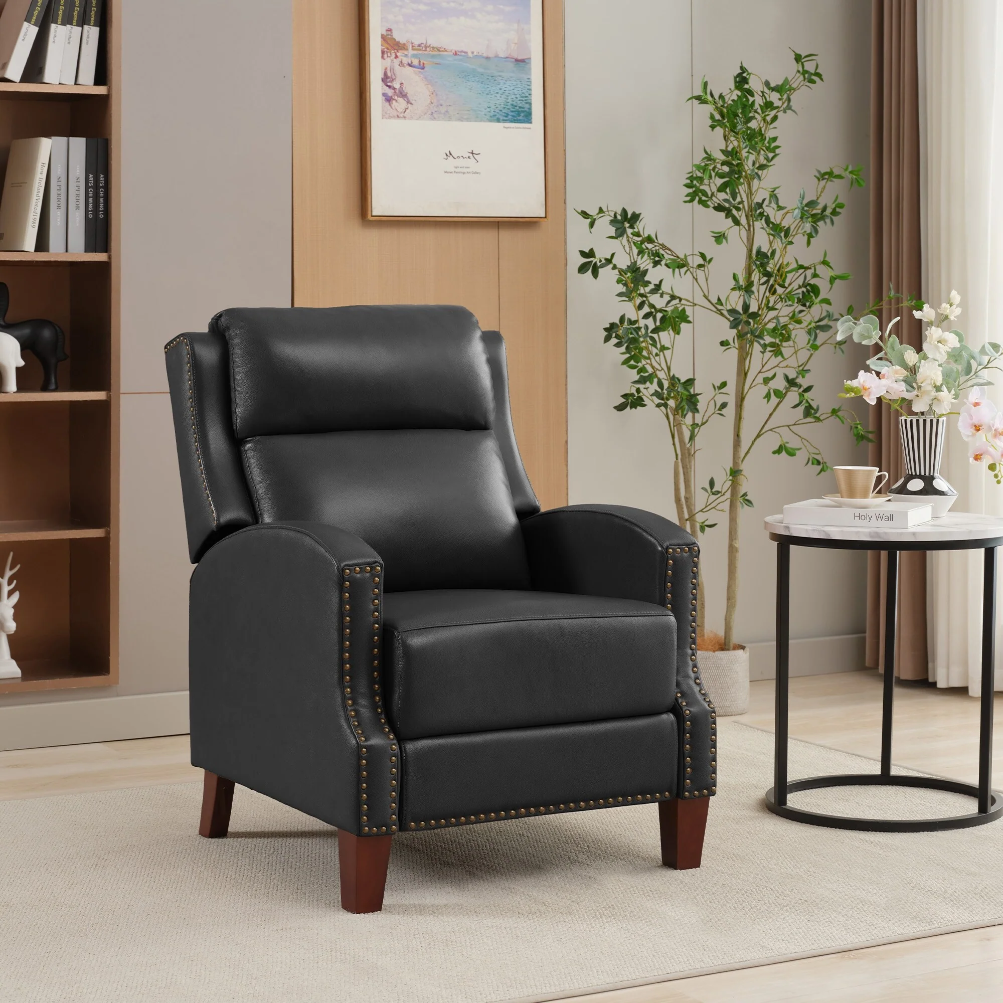 Genuine Leather Pushback Recliner with Multi-Angle Seat Back and Solid Wood Legs