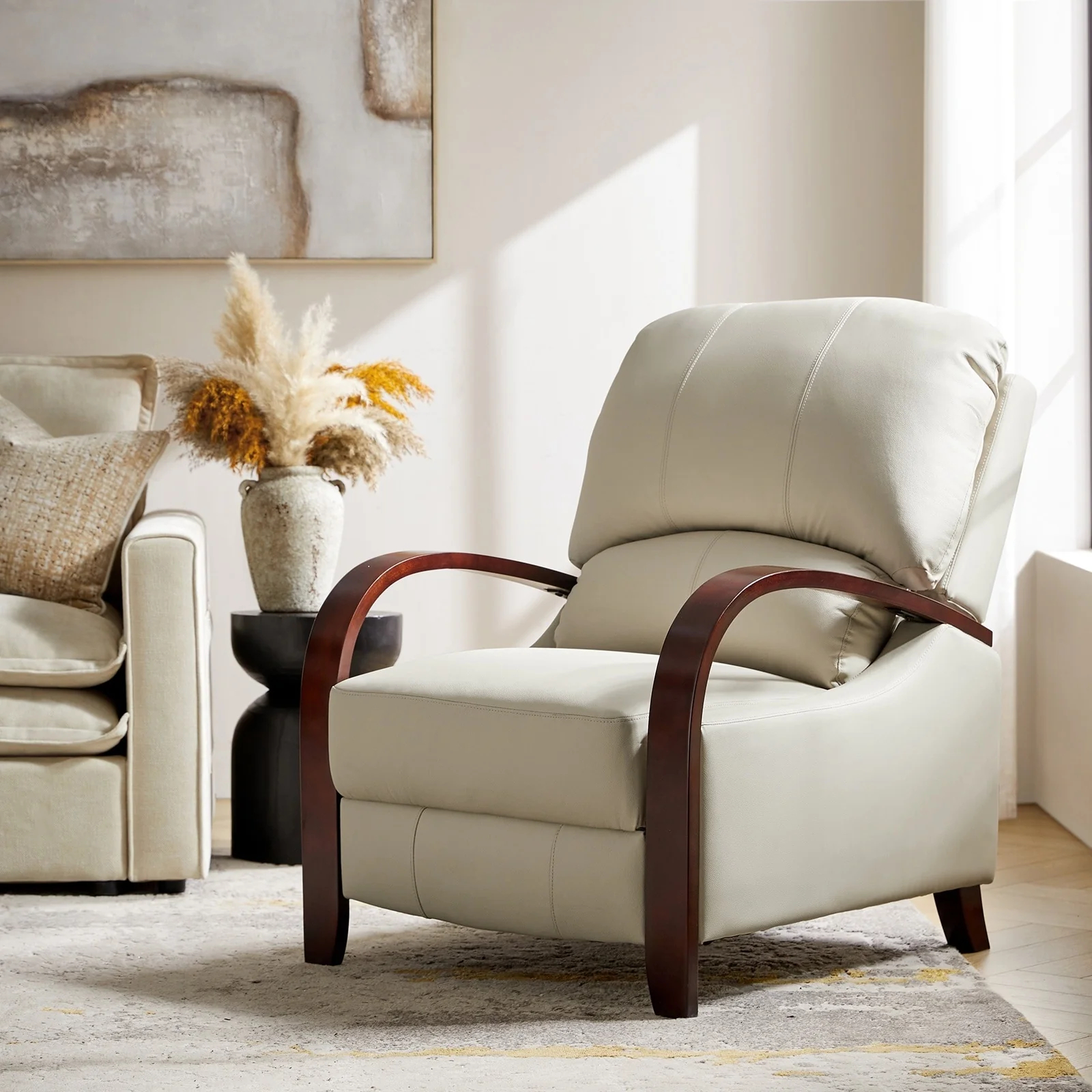 Alex Mid-century Modern Cigar Genuine Leather Manual Recliner with Wooden Curved Arms