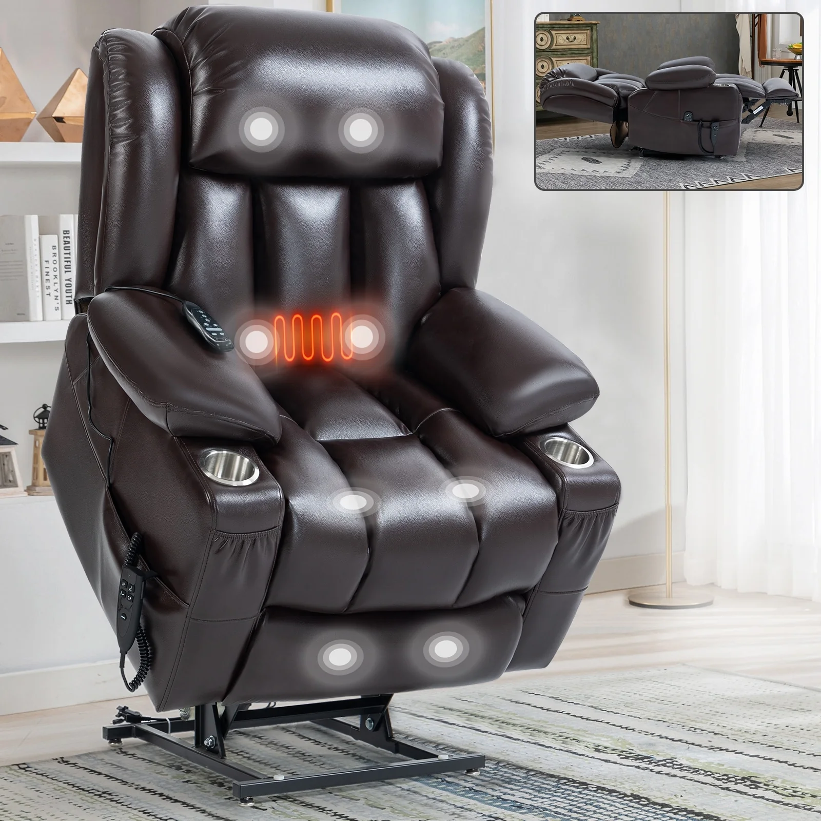 Oversized Faux Leather Power Lift Recliner with Massage & Heating