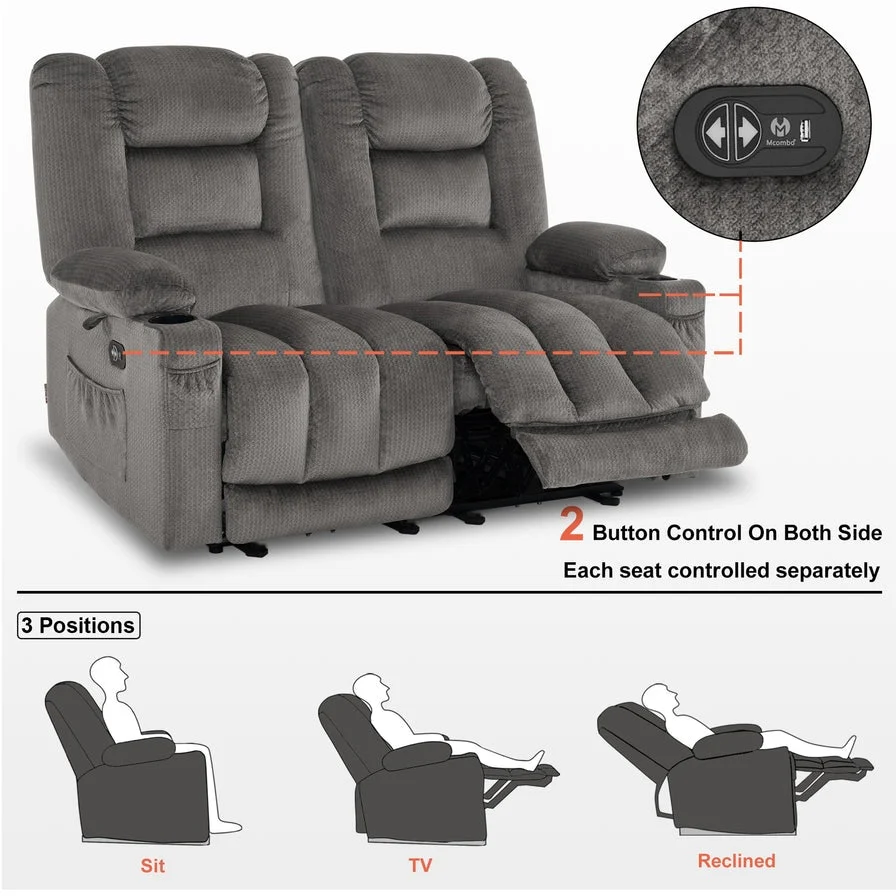 MCombo Power Reclining Loveseat Sofa with Heat and Massage, Fabric PR648