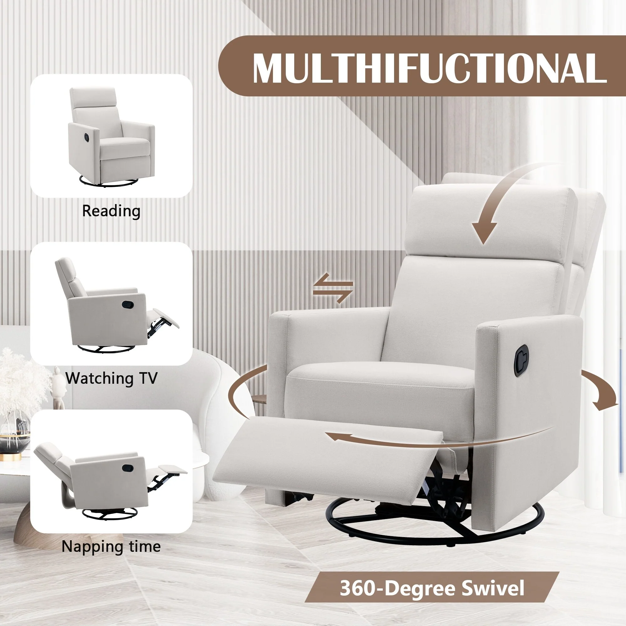Roomfitters Modern Upholstered Rocker Nursery Chair, Plush Seating Glider Swivel Recliner Chair