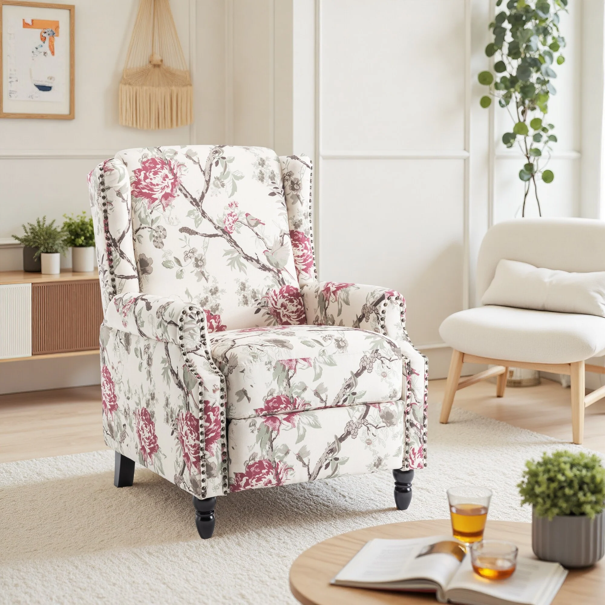 Linen Manual Upholstered Recliner with Wood Legs