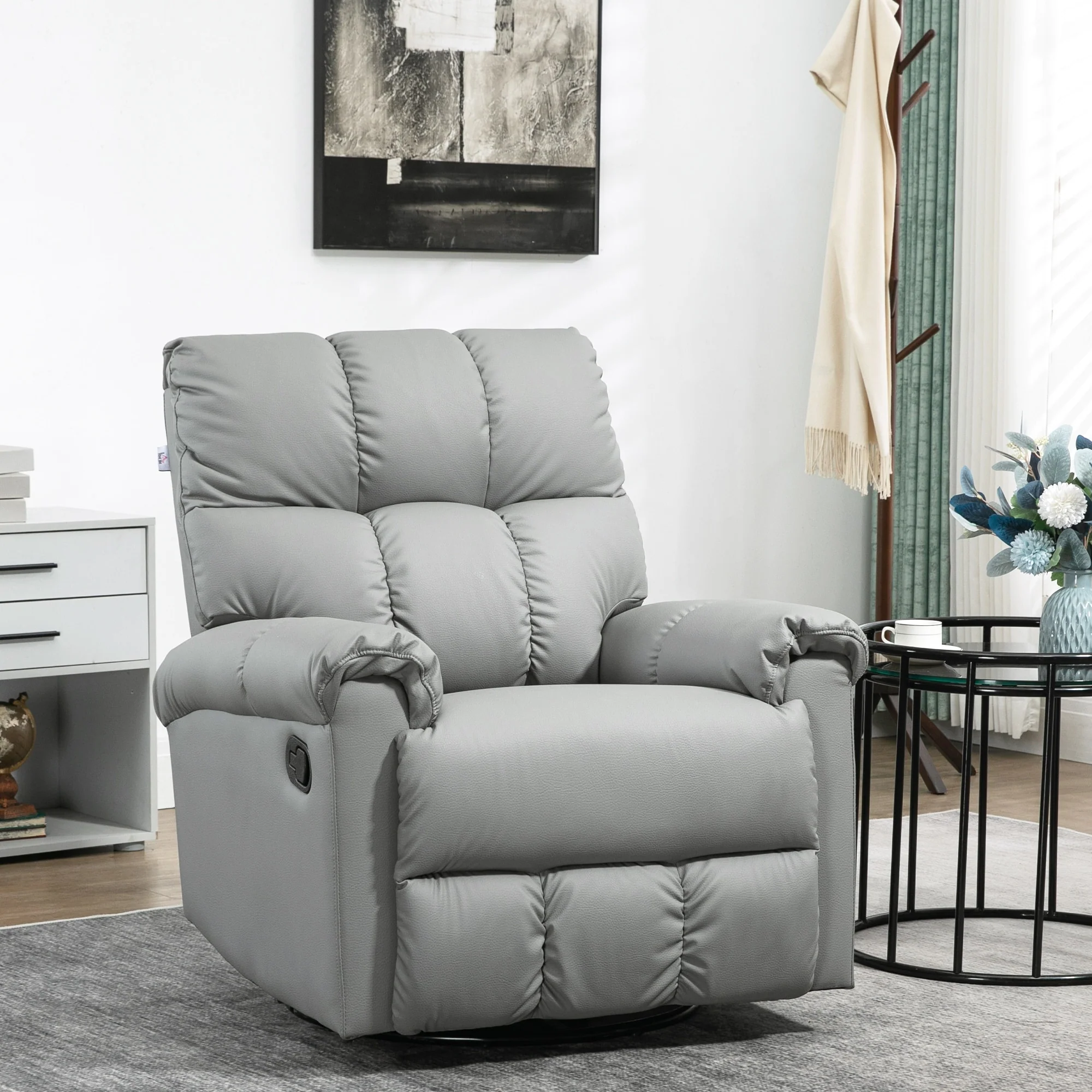 Grey Leather Rocking Recliner with 360�� Swivel, Overstuffed Comfort, Footrest, and Manual Reclining Mechanism