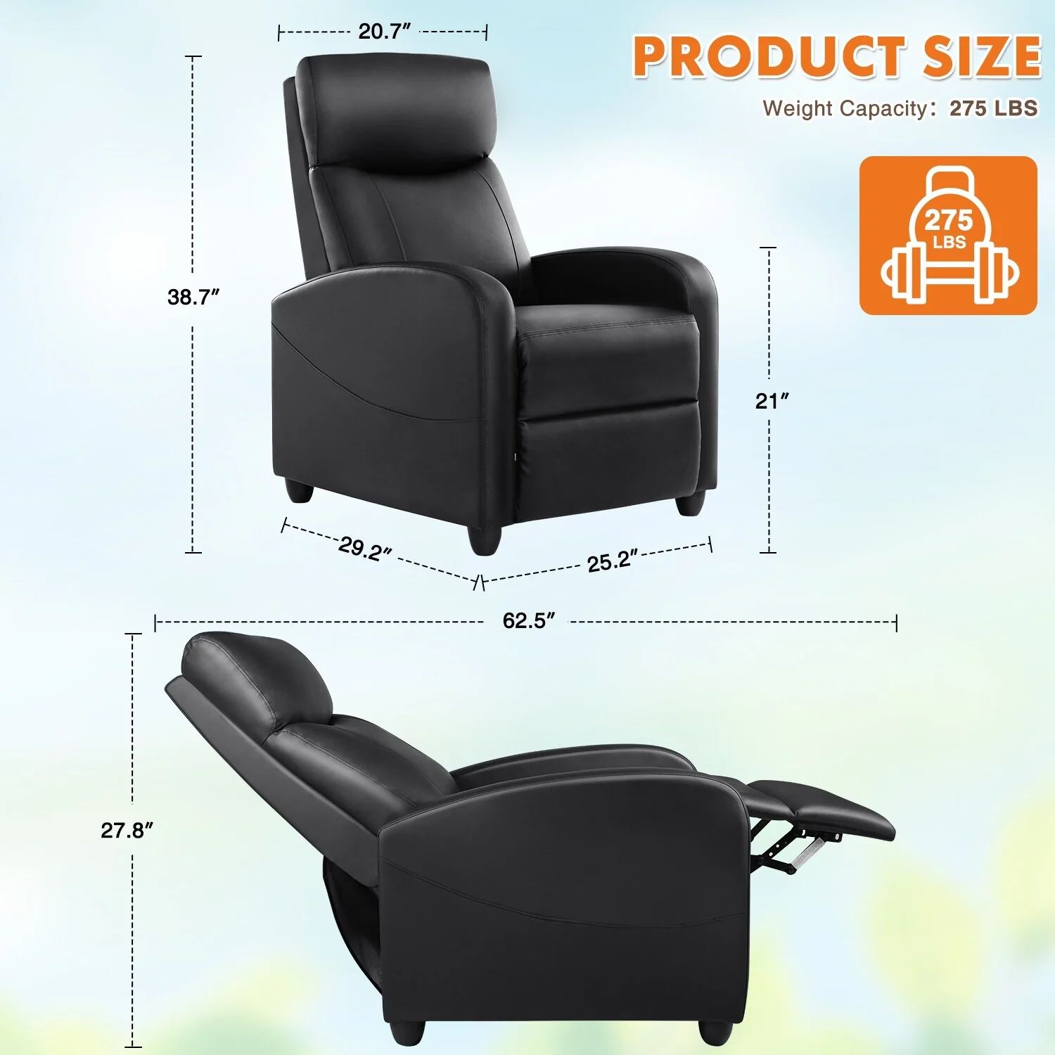 Black Adjustable Recliner Chair with Lumbar Support, 8 Massage Modes, and Heating Options