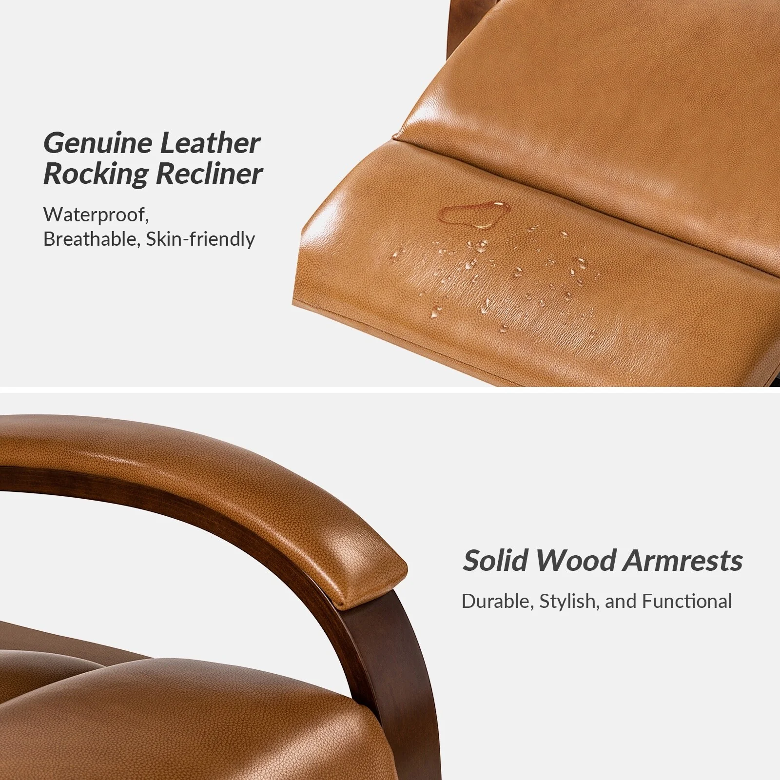 Leopold Genuine Leather Swivel Rocking Manual Recliner Chair with Wooden Arm Accents Set of 2 by HULALA HOME