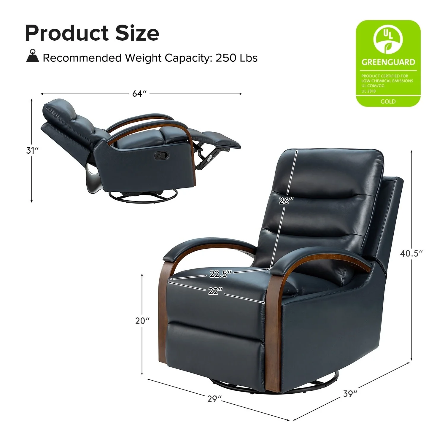 Leopold Genuine Leather Swivel Rocking Manual Recliner Chair with Wooden Arm Accents Set of 2 by HULALA HOME