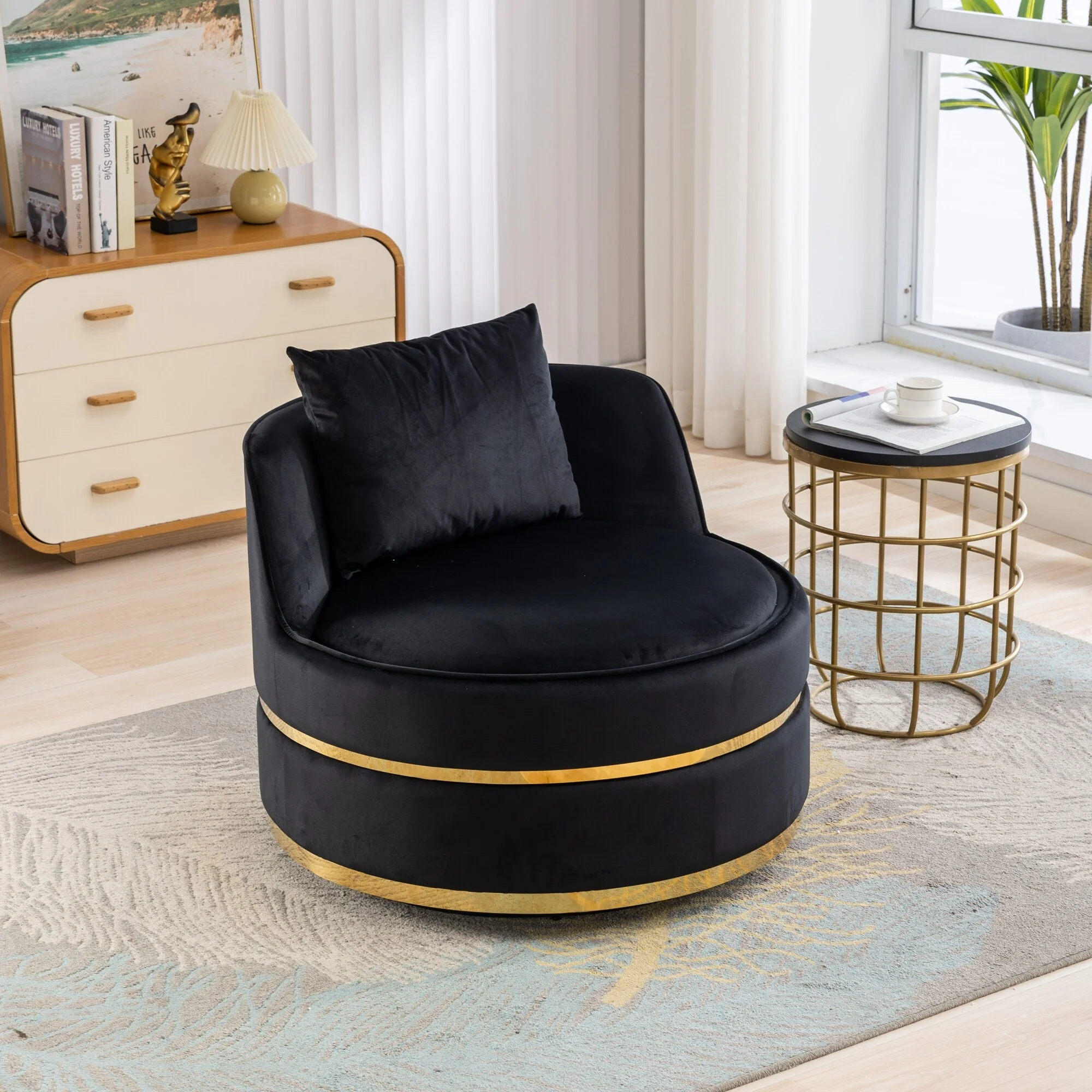 Velvet 360�� Swivel Accent Chair with Seat Cushion, Upholstered Barrel Chair with Stainless Steel Base Living Room Chair