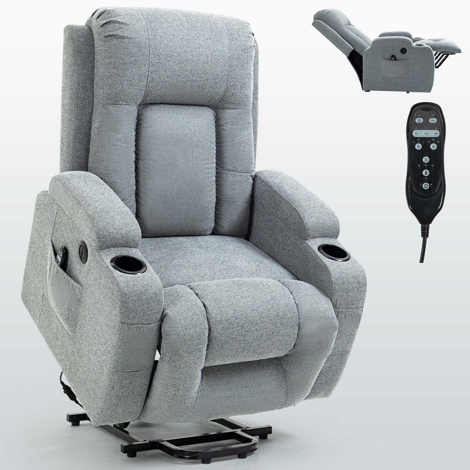 Power Lift Recliner Chair with Massage, Lumbar Heat, USB & Cup Holders