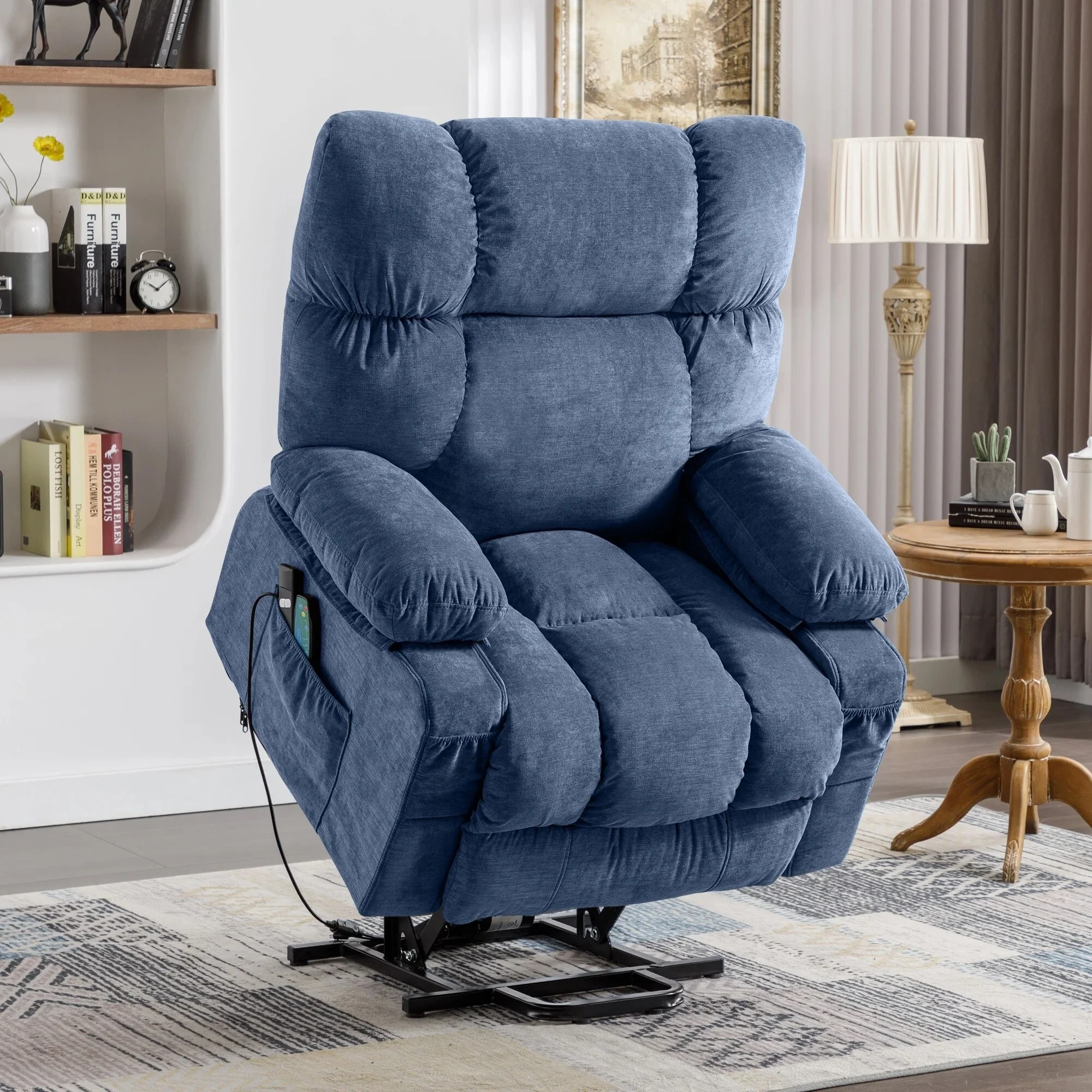 Blue Power Lift Recliner Chair with Heat, Massage, USB Charging, Side Pockets and Remote Control