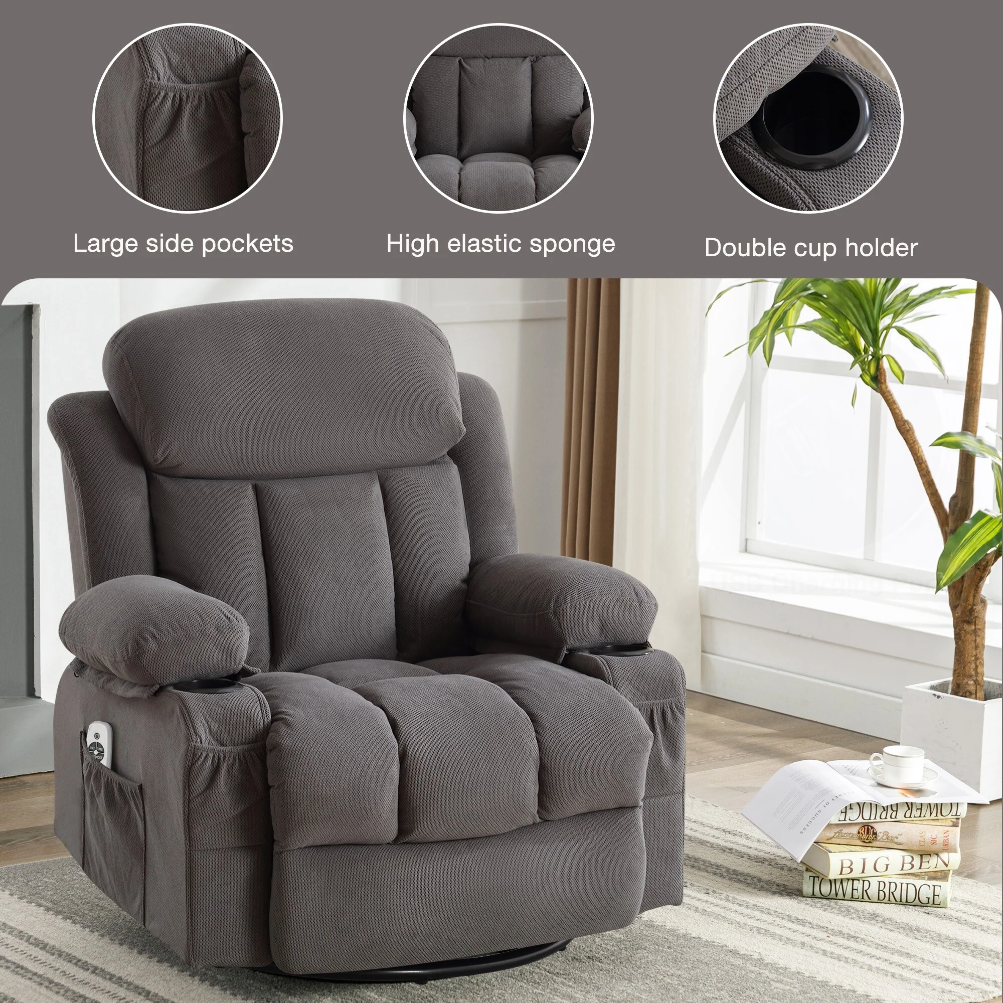 Velvet Swivel Recliner Lounge Chair with Massage, Heat & USB