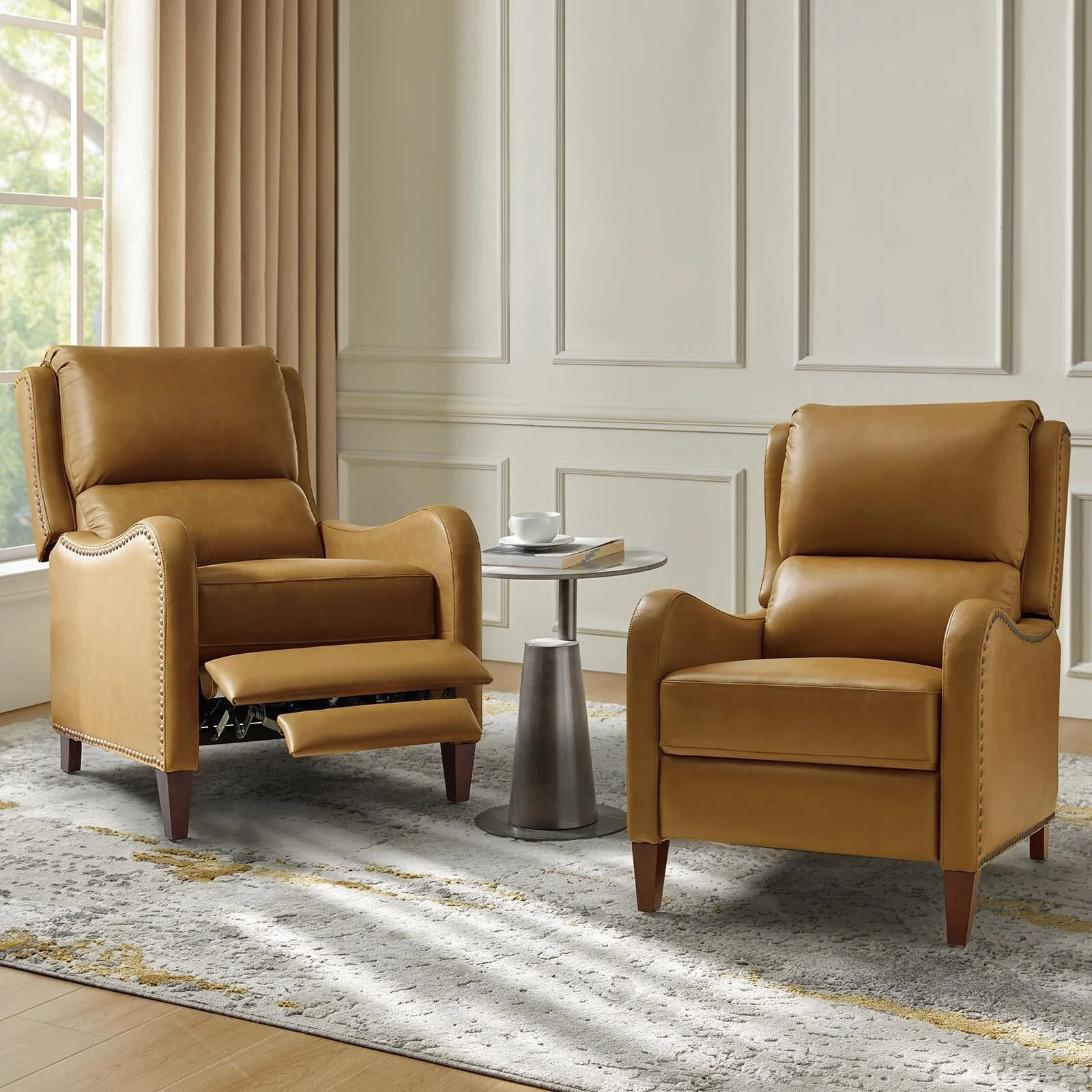 Brigida Modern Genuine Leather Nailhead Trim Recliner with Adjustable Footrest Set of 2 by HULALA HOME